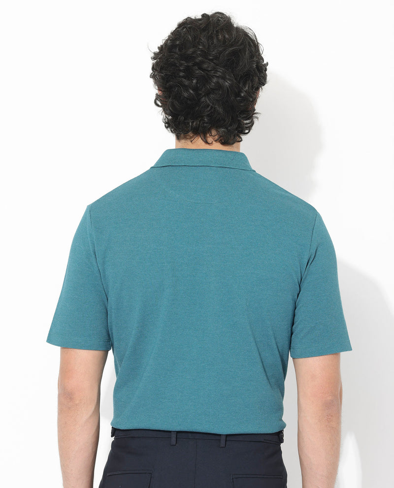 Rare Rabbit Men's Gamor Teal Cotton Poly Fabric Short Sleeves Collared Neck With Contrasting Placket Solid Color Knit Polo