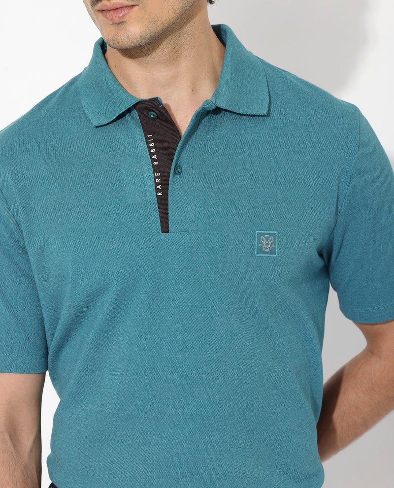 Rare Rabbit Men's Gamor Teal Cotton Poly Fabric Short Sleeves Collared Neck With Contrasting Placket Solid Color Knit Polo
