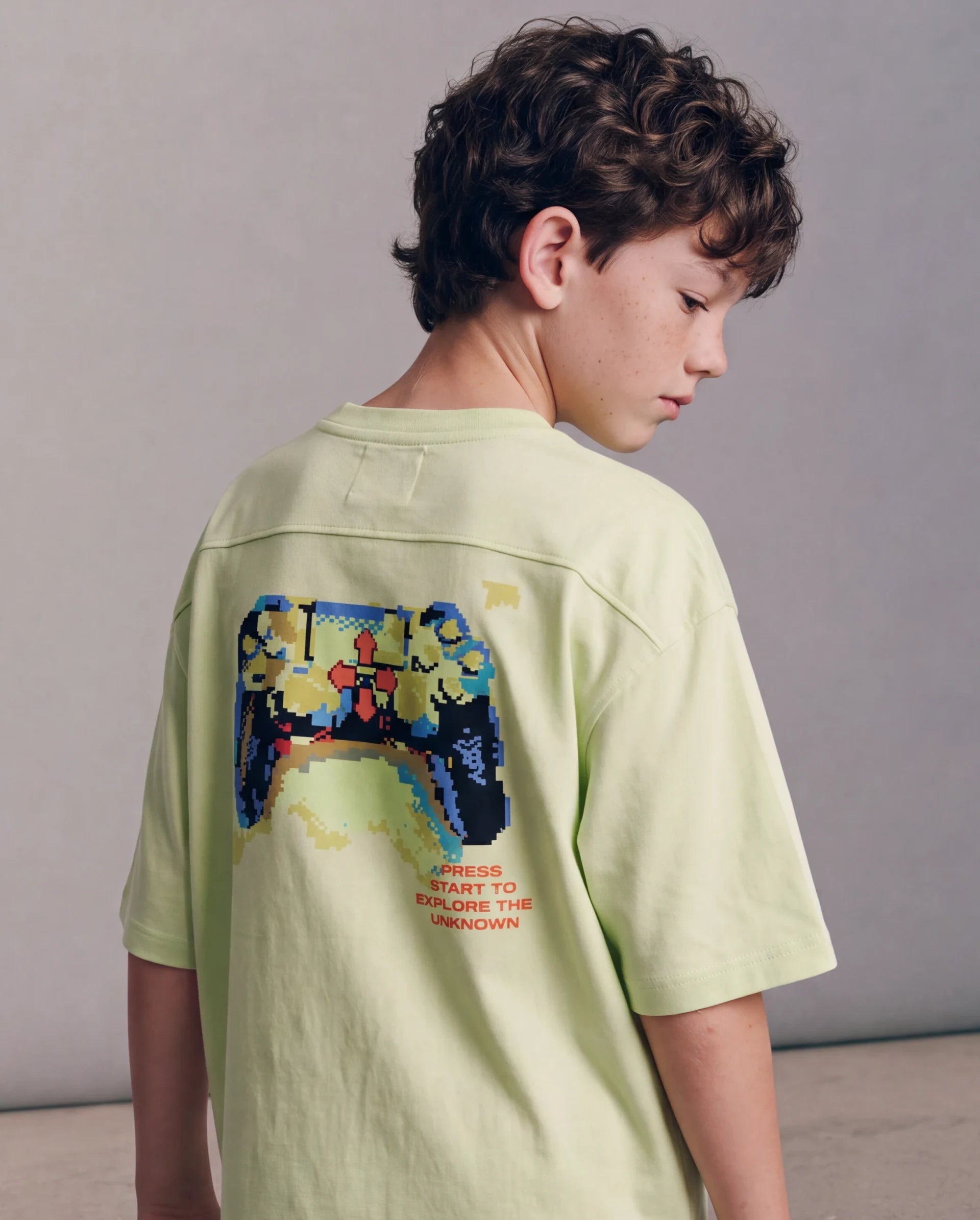 Rare Ones Kids Gamos Pastel Green Cotton Fabric Pull-On Closure Boxy Fit Graphic Print T-Shirt
