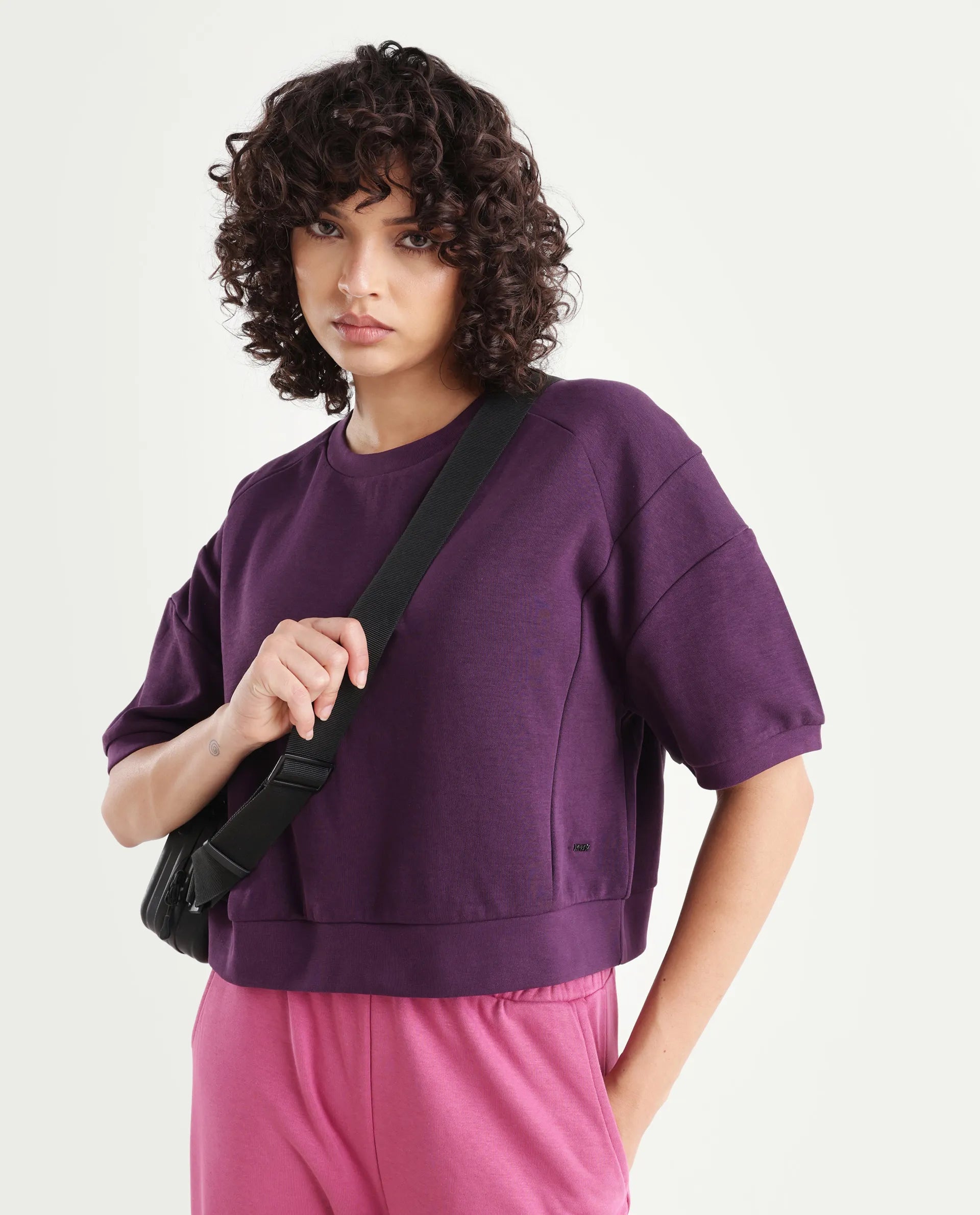 Rareism Women's Ganges Purple Cotton Blend Crew Neck Plain Crop Relaxed Fit Sweatshirt