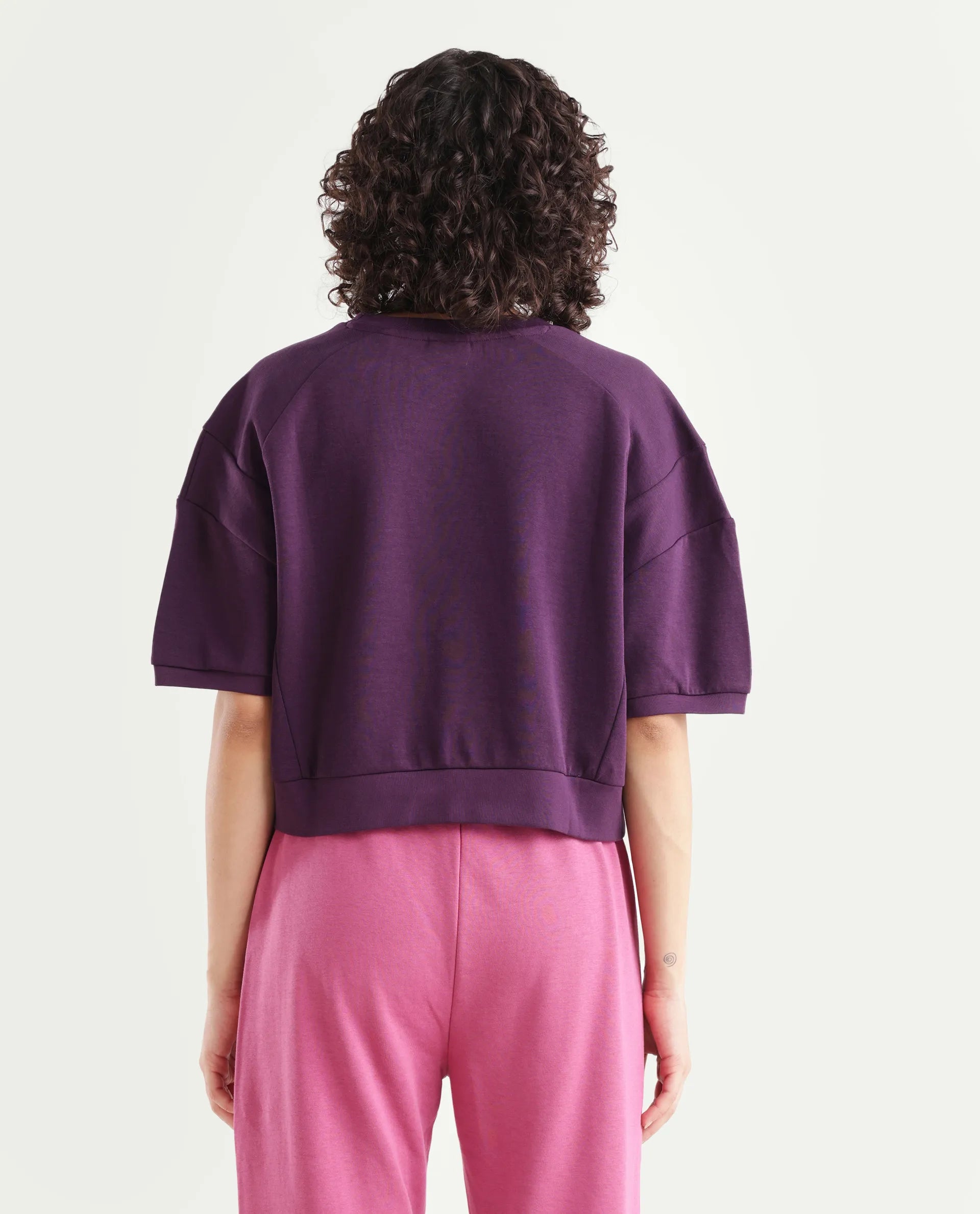 Rareism Women's Ganges Purple Cotton Blend Crew Neck Plain Crop Relaxed Fit Sweatshirt