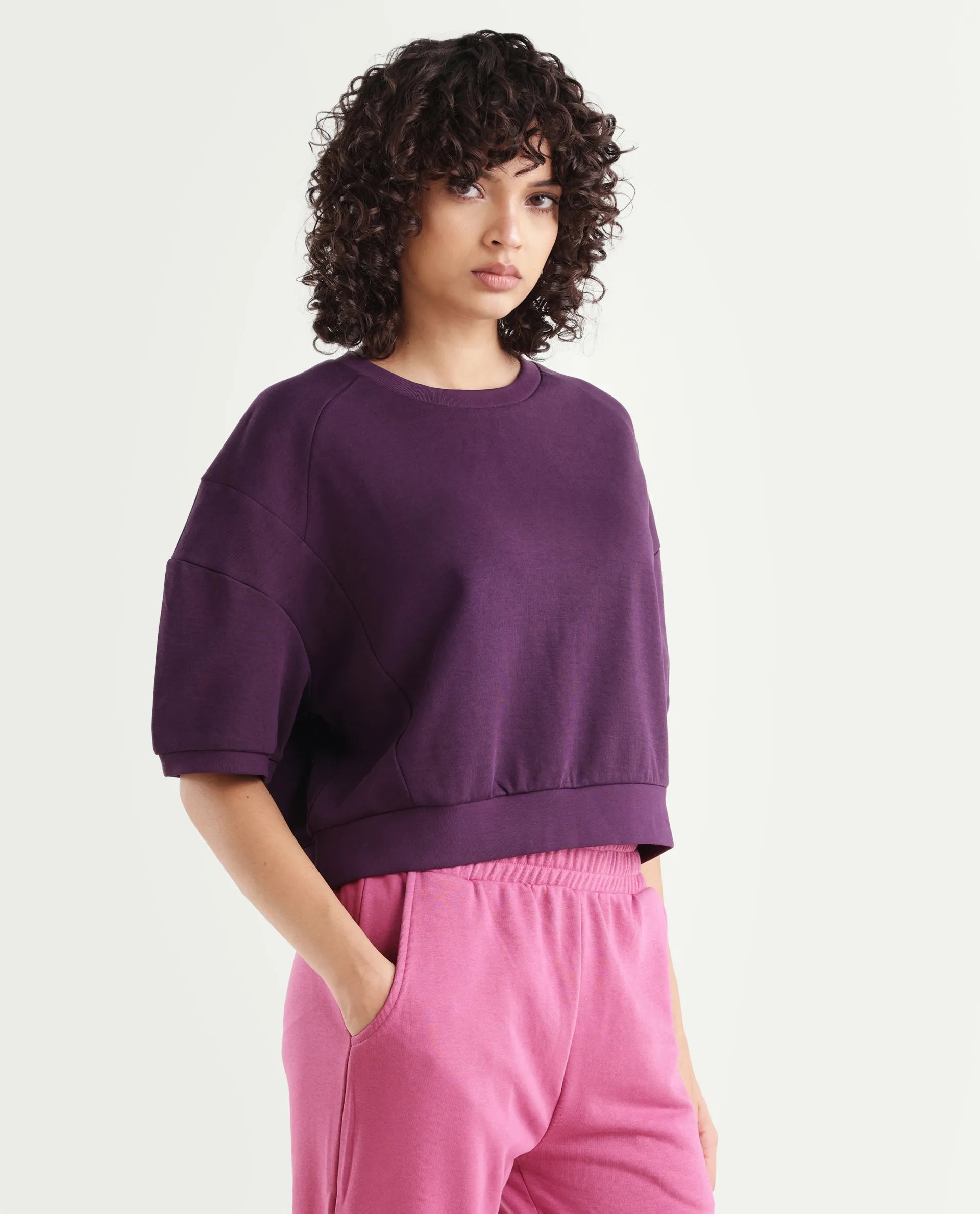 Rareism Women's Ganges Purple Cotton Blend Crew Neck Plain Crop Relaxed Fit Sweatshirt