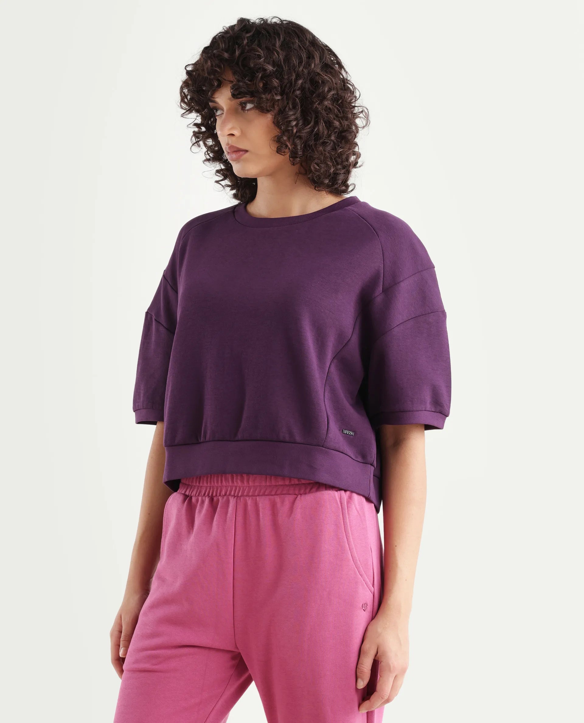 Rareism Women's Ganges Purple Cotton Blend Crew Neck Plain Crop Relaxed Fit Sweatshirt