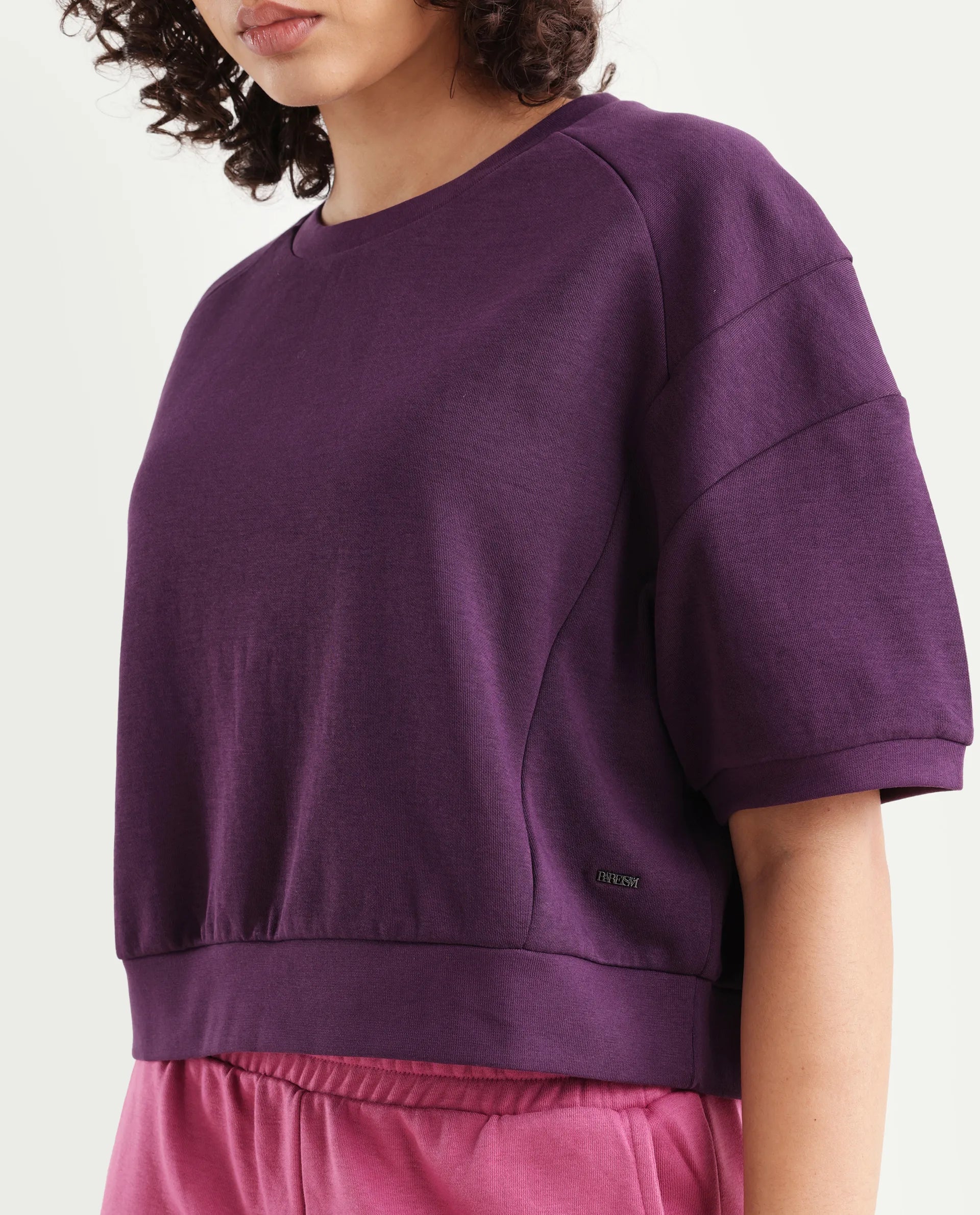 Rareism Women's Ganges Purple Cotton Blend Crew Neck Plain Crop Relaxed Fit Sweatshirt