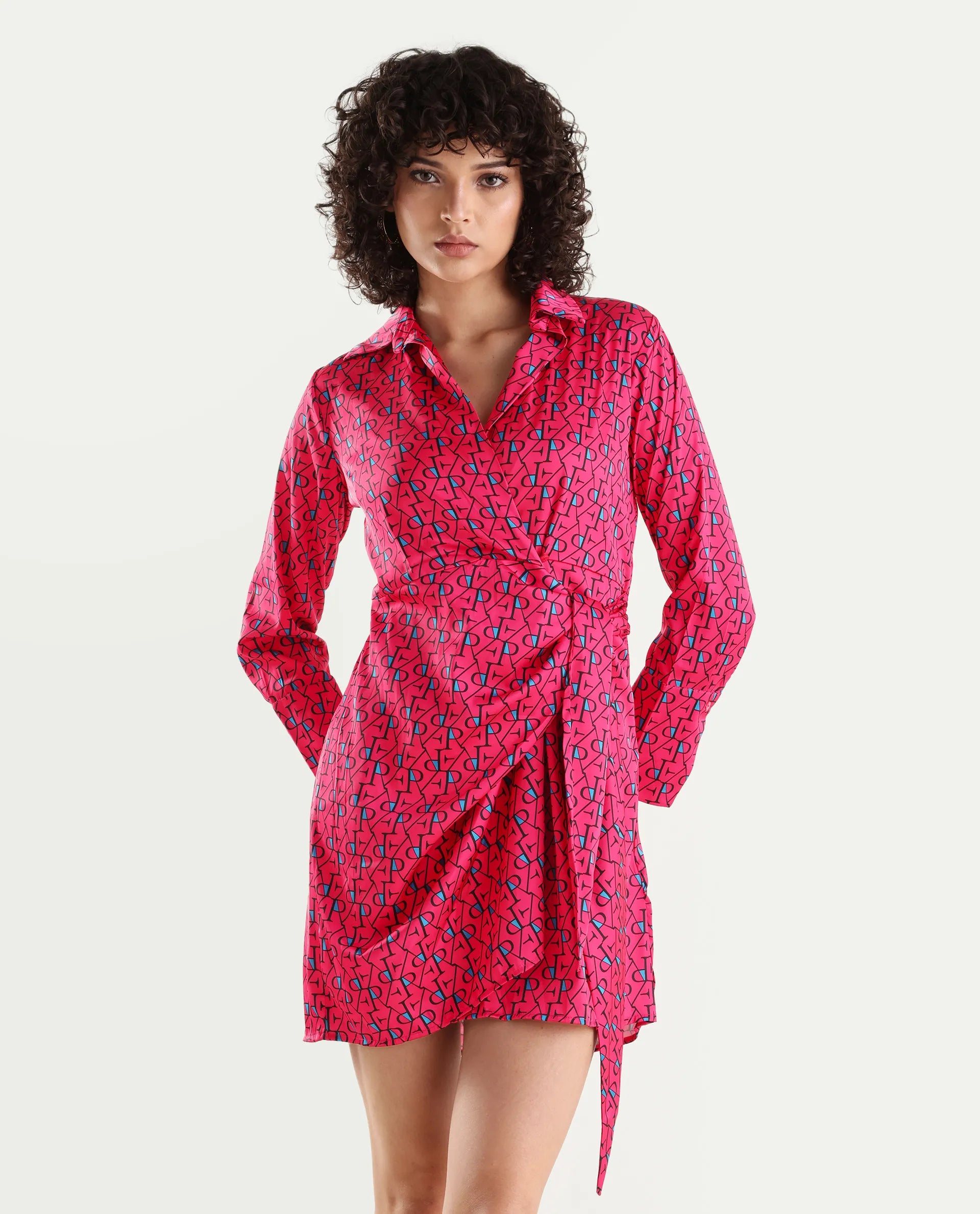 Rareism Women's Gangiv Flouroscent Pink Overlap Neck Monogram Print Cuffed Sleeve Mini Wrap Dress