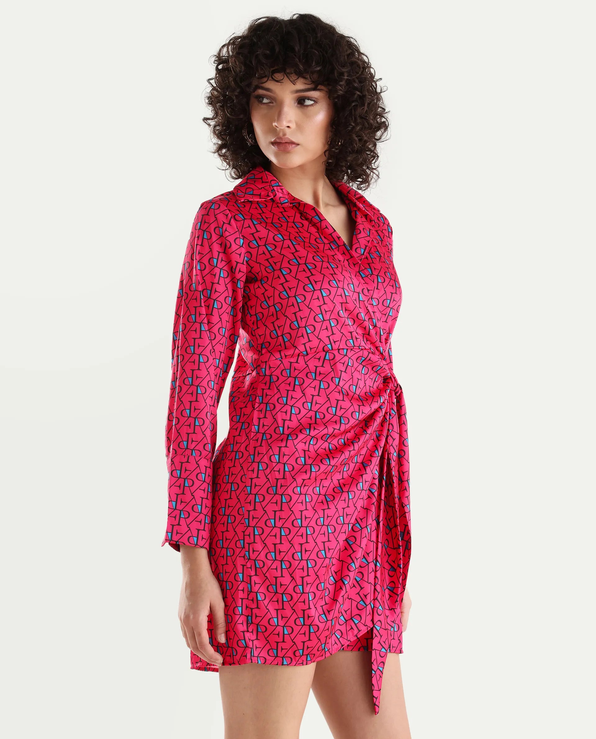 Rareism Women's Gangiv Flouroscent Pink Overlap Neck Monogram Print Cuffed Sleeve Mini Wrap Dress