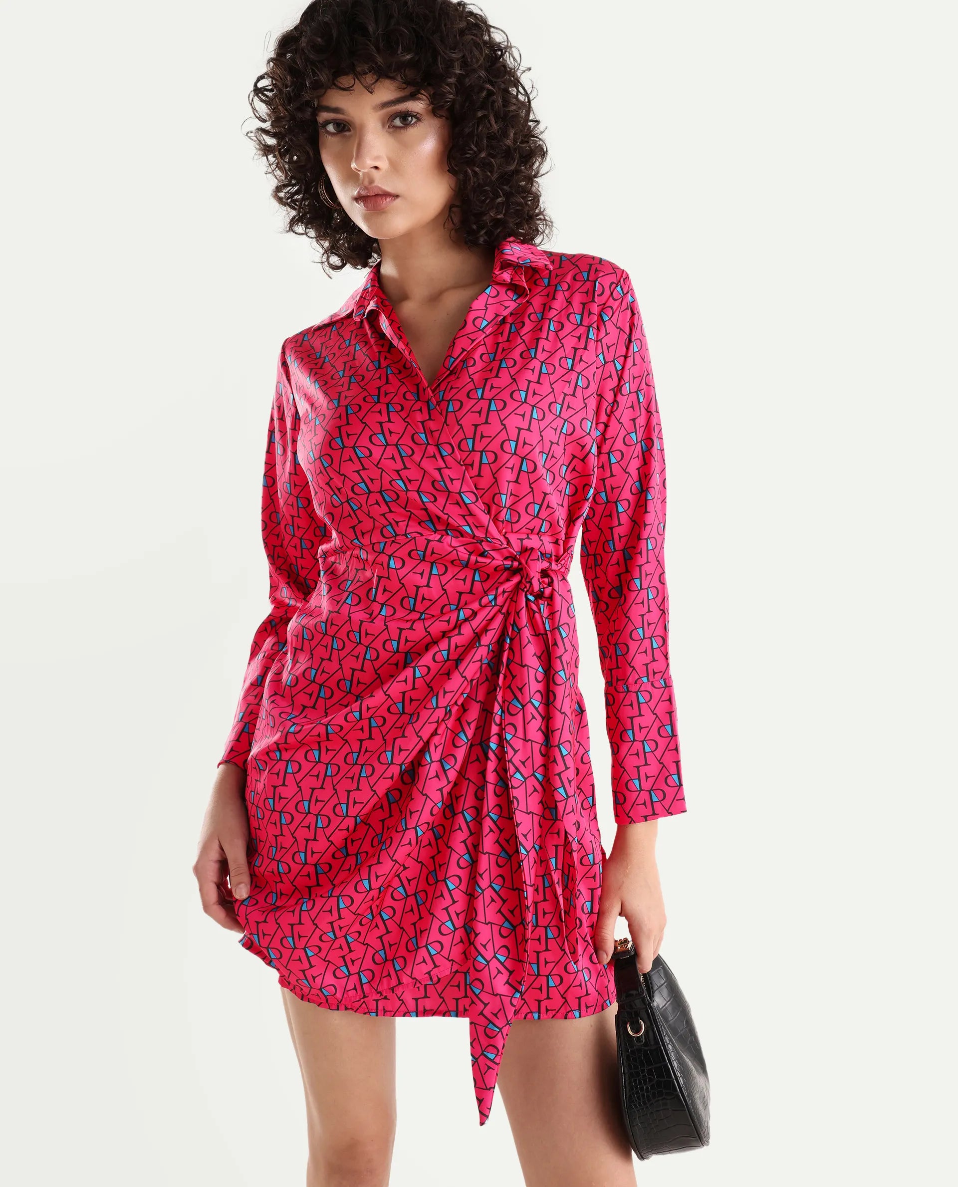 Rareism Women's Gangiv Flouroscent Pink Overlap Neck Monogram Print Cuffed Sleeve Mini Wrap Dress