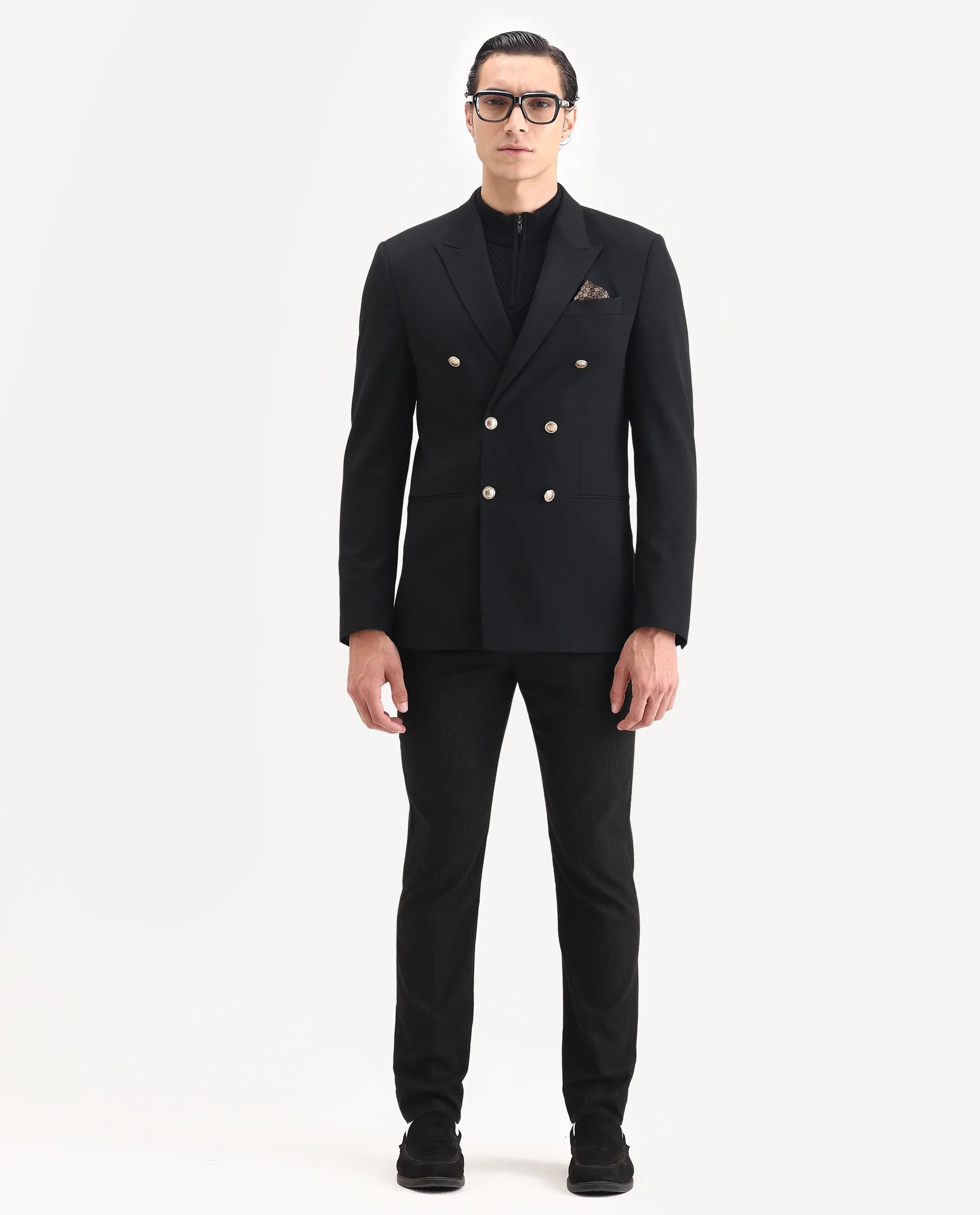 Rare Rabbit Men's Gar Black Polyester Blend Fabric Full Sleeve Lapel Neck Plain Blazer