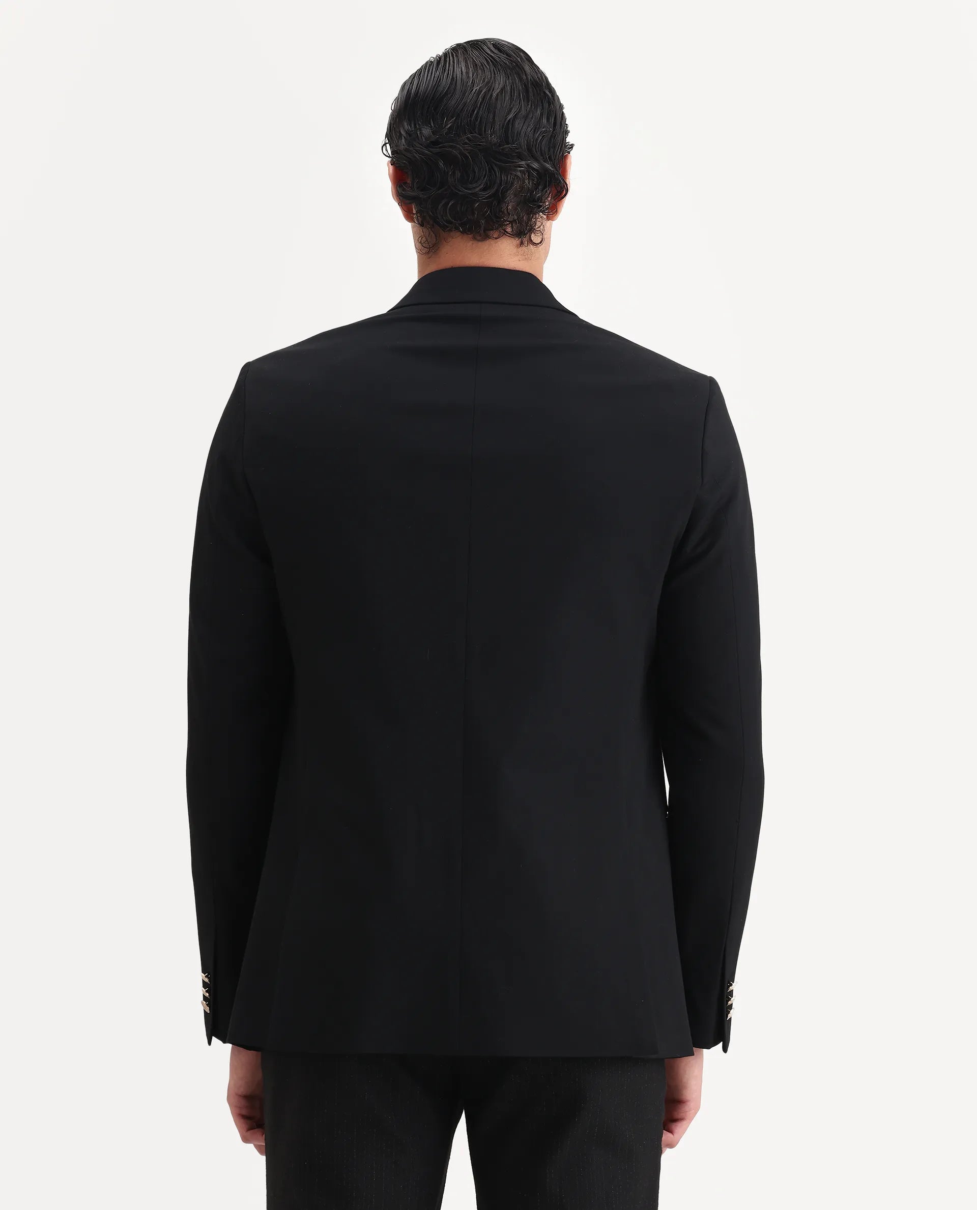 Rare Rabbit Men's Gar Black Polyester Blend Fabric Full Sleeve Lapel Neck Plain Blazer