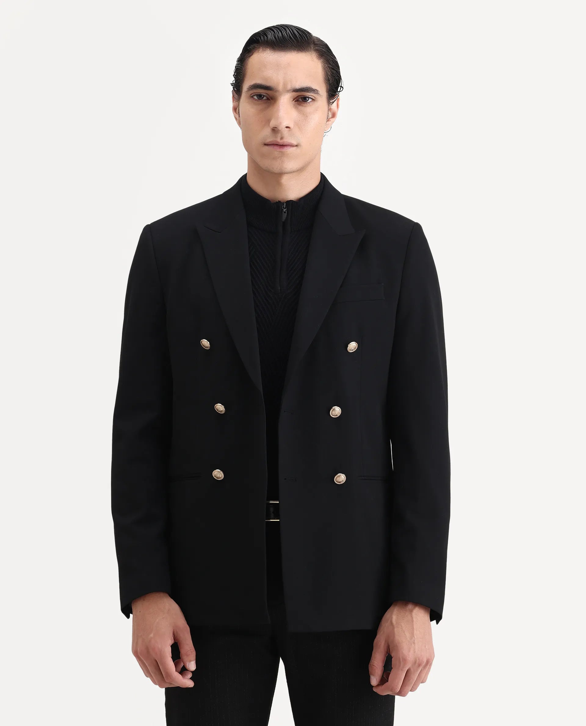 Rare Rabbit Men's Gar Black Polyester Blend Fabric Full Sleeve Lapel Neck Plain Blazer