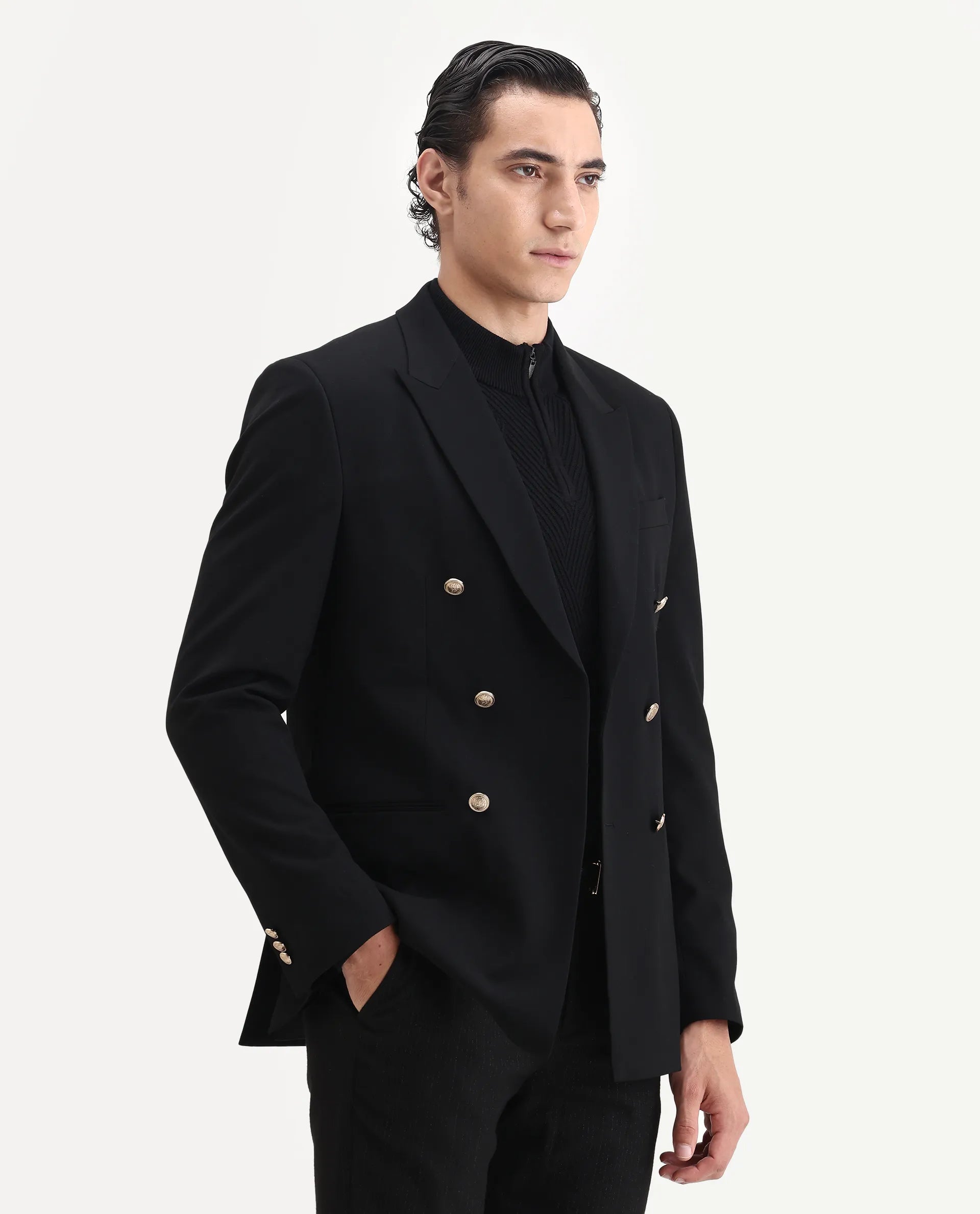 Rare Rabbit Men's Gar Black Polyester Blend Fabric Full Sleeve Lapel Neck Plain Blazer