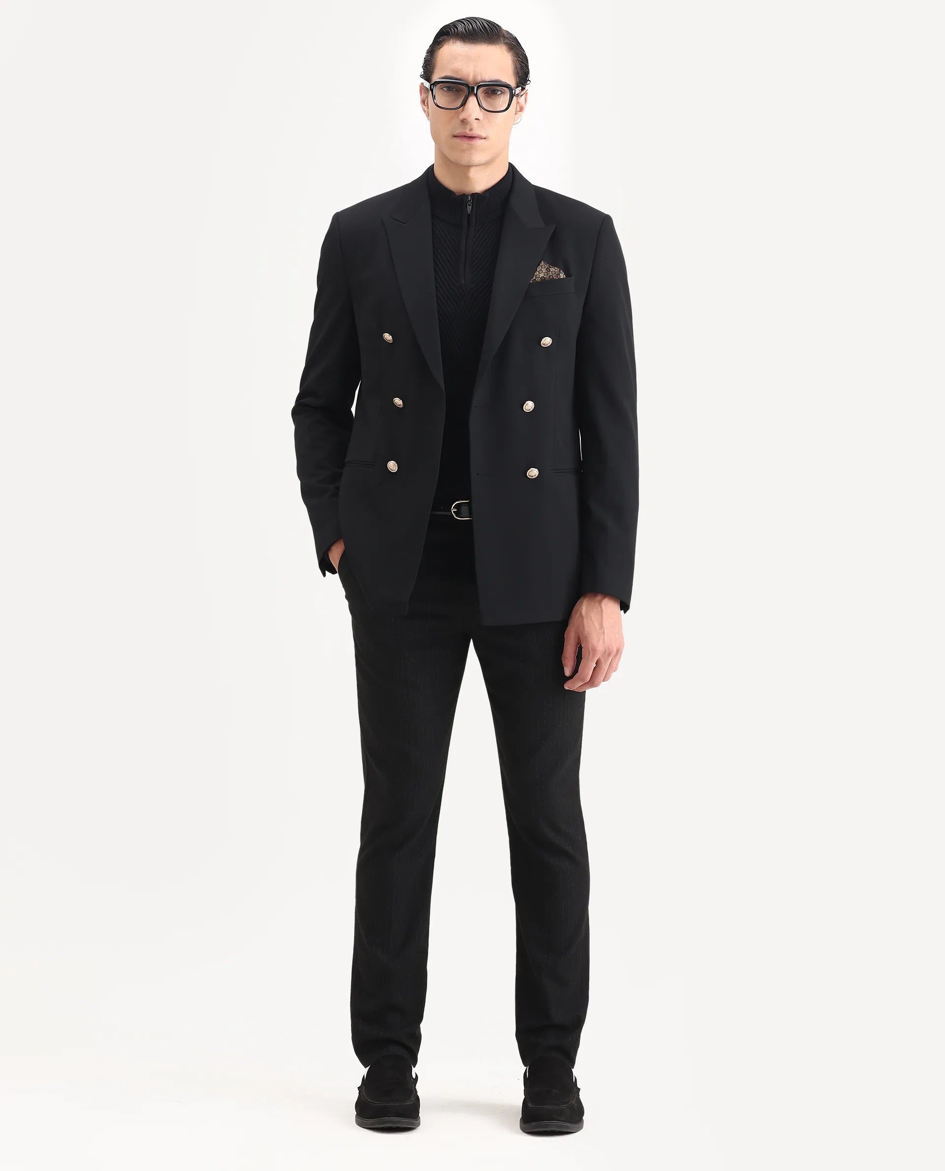 Rare Rabbit Men's Gar Black Polyester Blend Fabric Full Sleeve Lapel Neck Plain Blazer