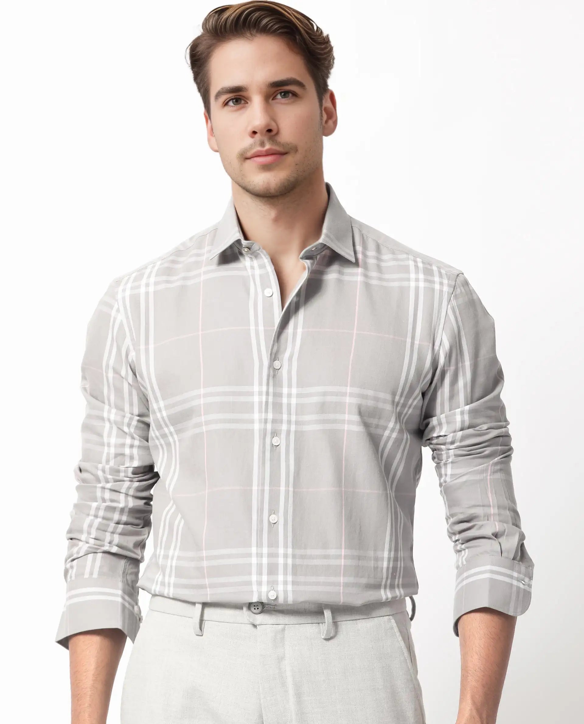 Rare Rabbit Men's Garet Grey Cotton Checked Print Regular Fit Full Sleeve Collared Shirt