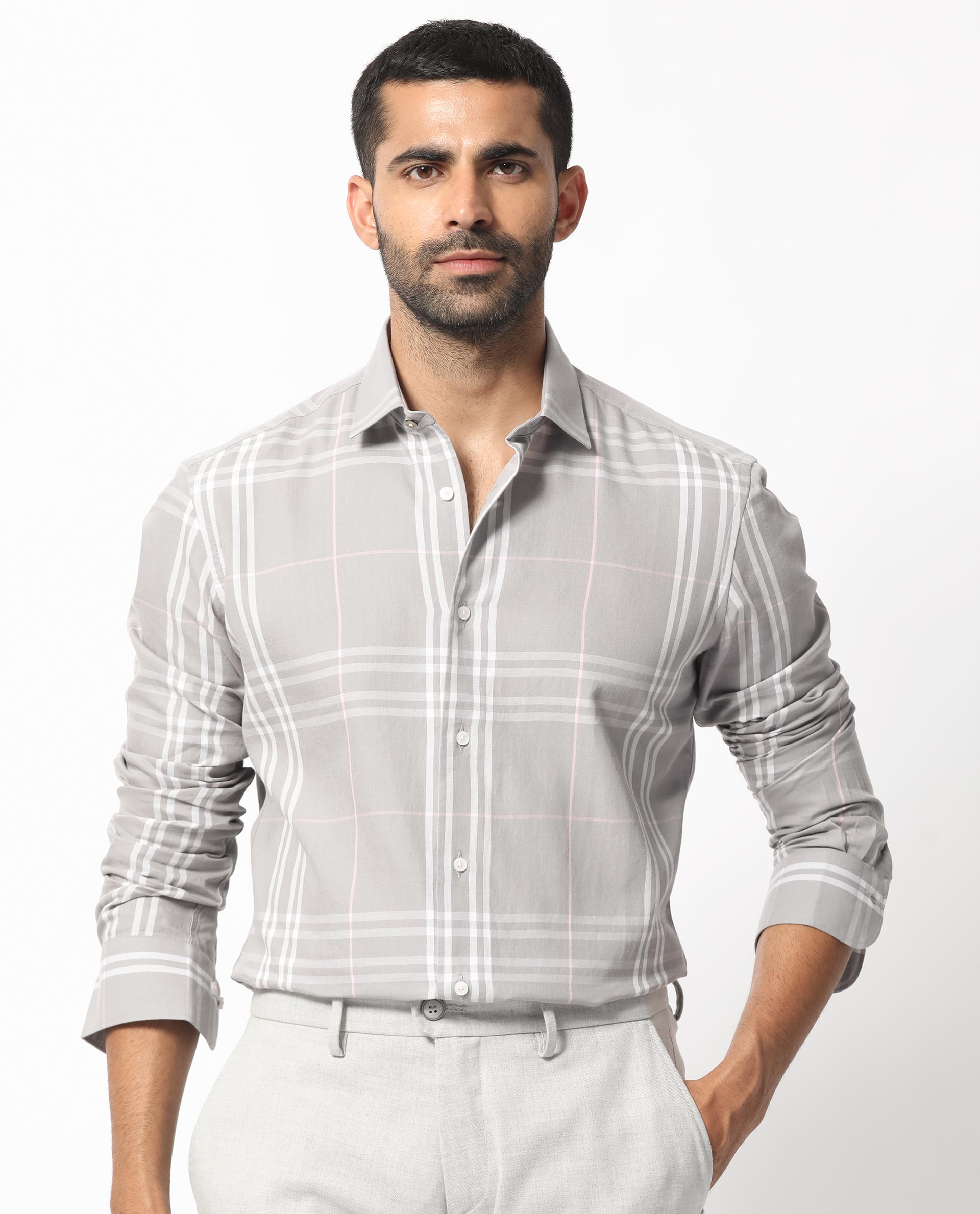 Rare Rabbit Men's Garet Grey Cotton Fabric Full Sleeves Checks Shirt