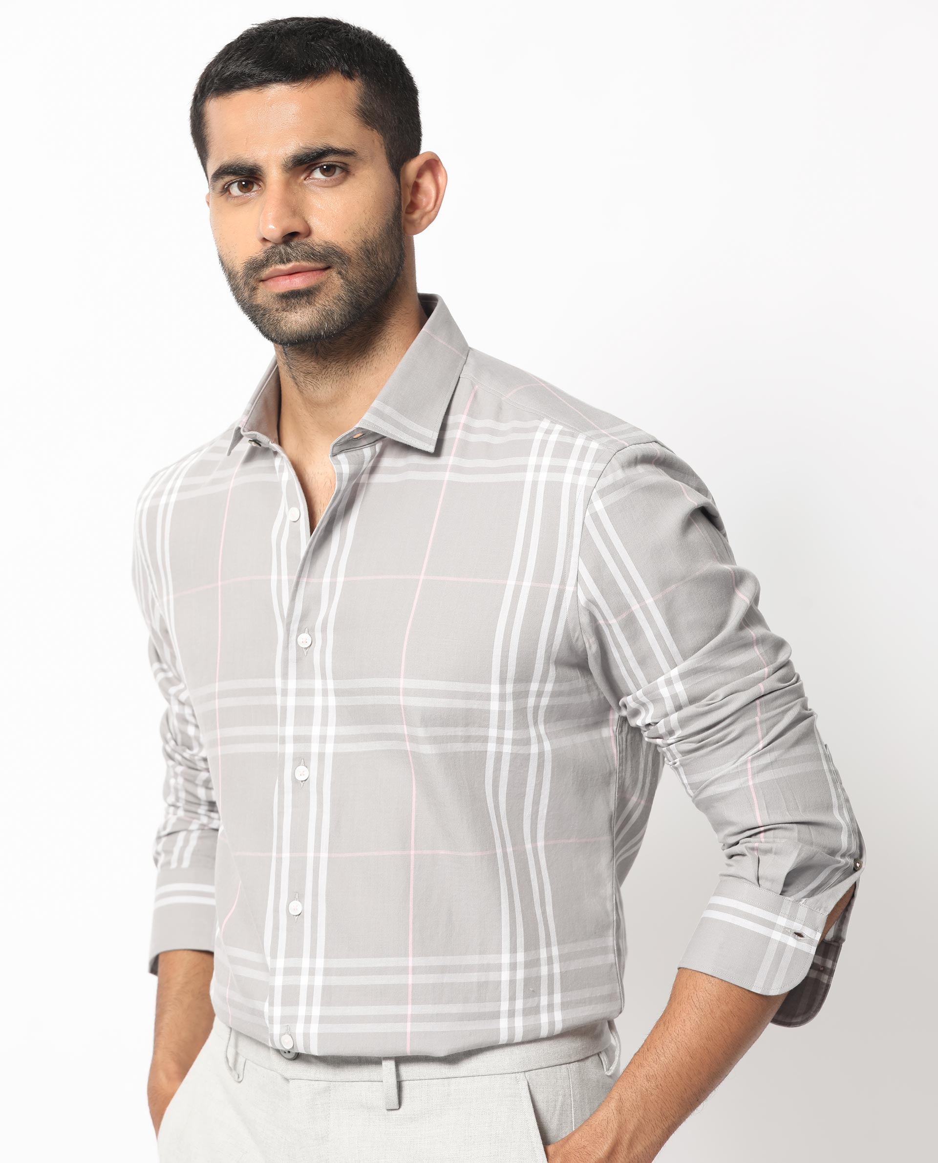 Rare Rabbit Men's Garet Grey Cotton Fabric Full Sleeves Checks Shirt