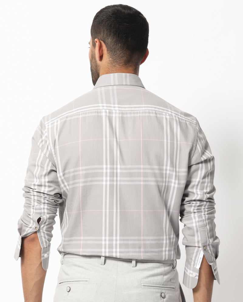Rare Rabbit Men's Garet Grey Cotton Fabric Full Sleeves Checks Shirt
