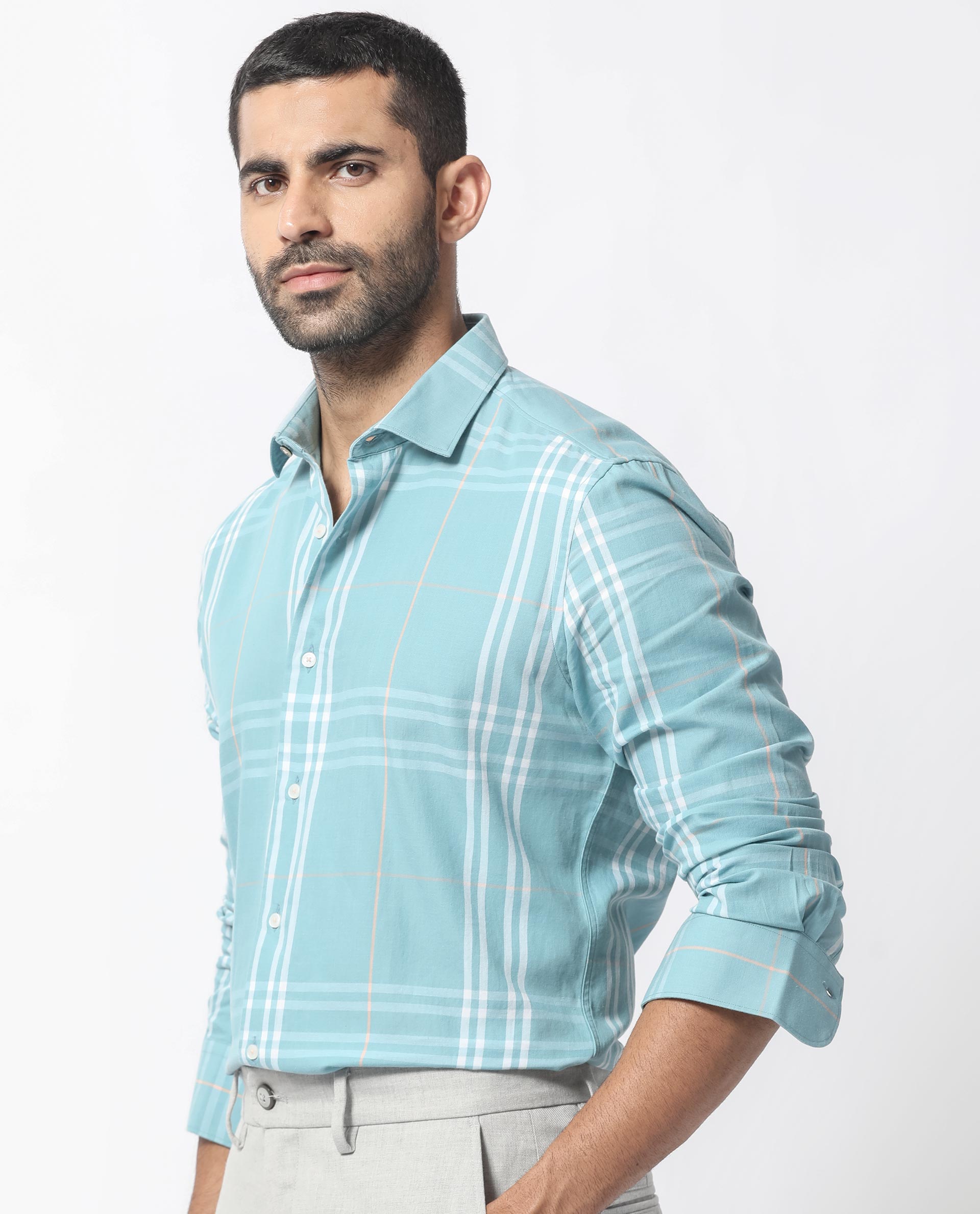 Rare Rabbit Men's Garet Turq Cotton Fabric Full Sleeves Checks Shirt