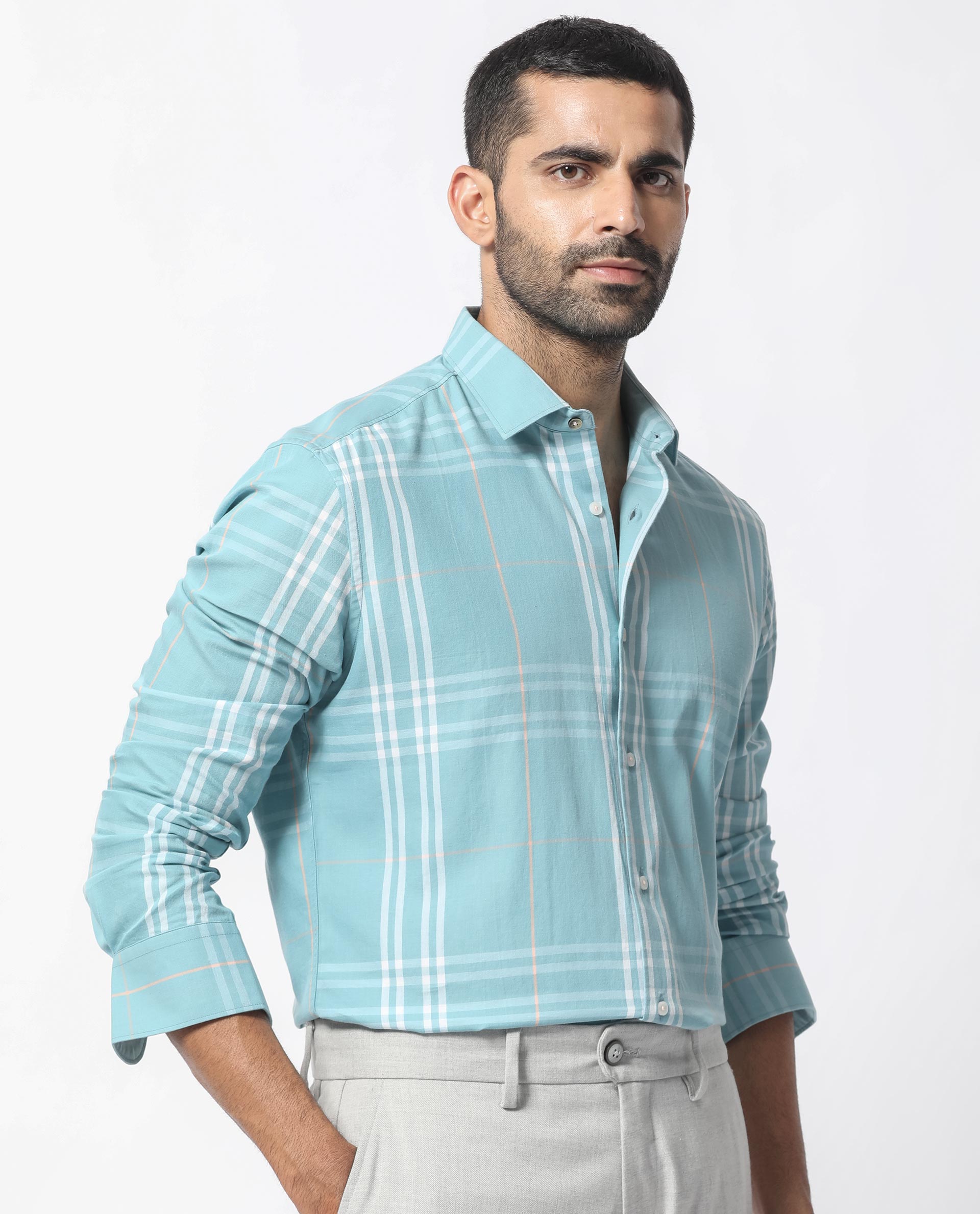 Rare Rabbit Men's Garet Turq Cotton Fabric Full Sleeves Checks Shirt