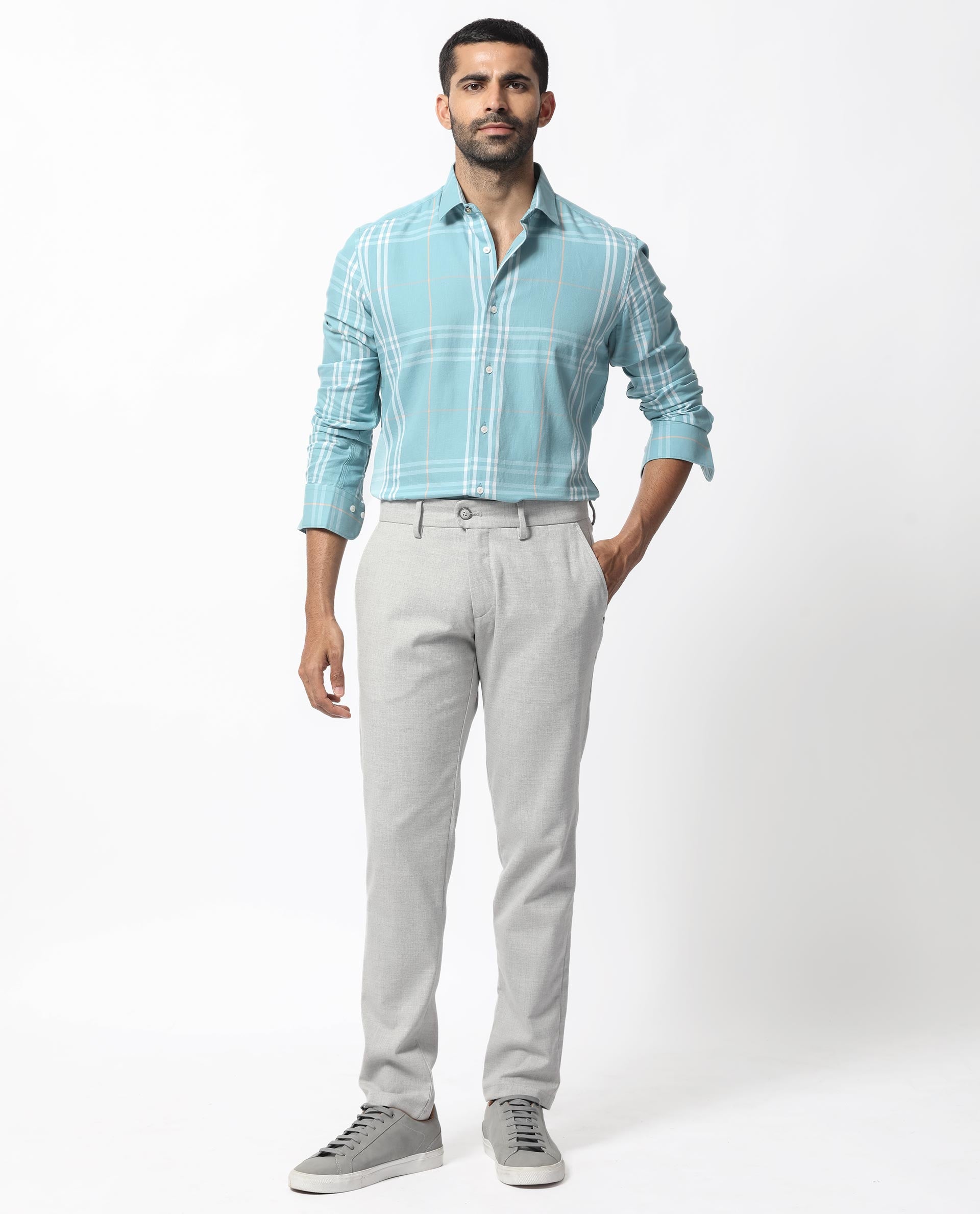 Rare Rabbit Men's Garet Turq Cotton Fabric Full Sleeves Checks Shirt