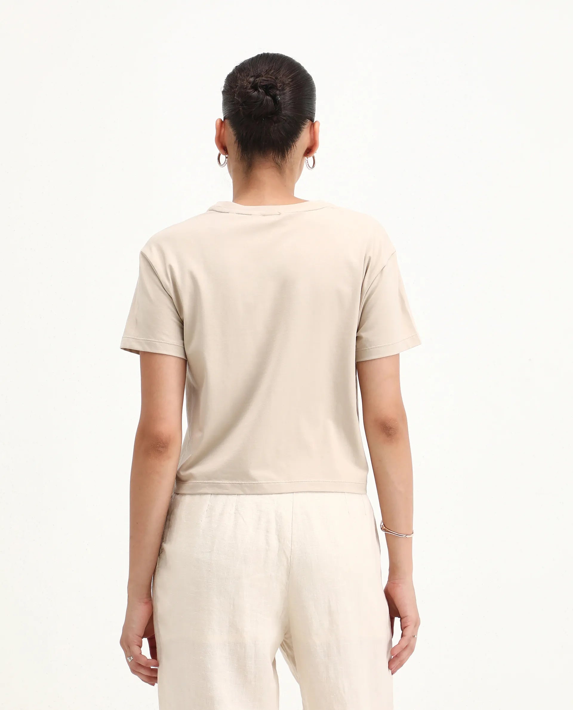 Rareism Women's Garn Beige Cotton Blend Crew Neck Regular Fit T-Shirt