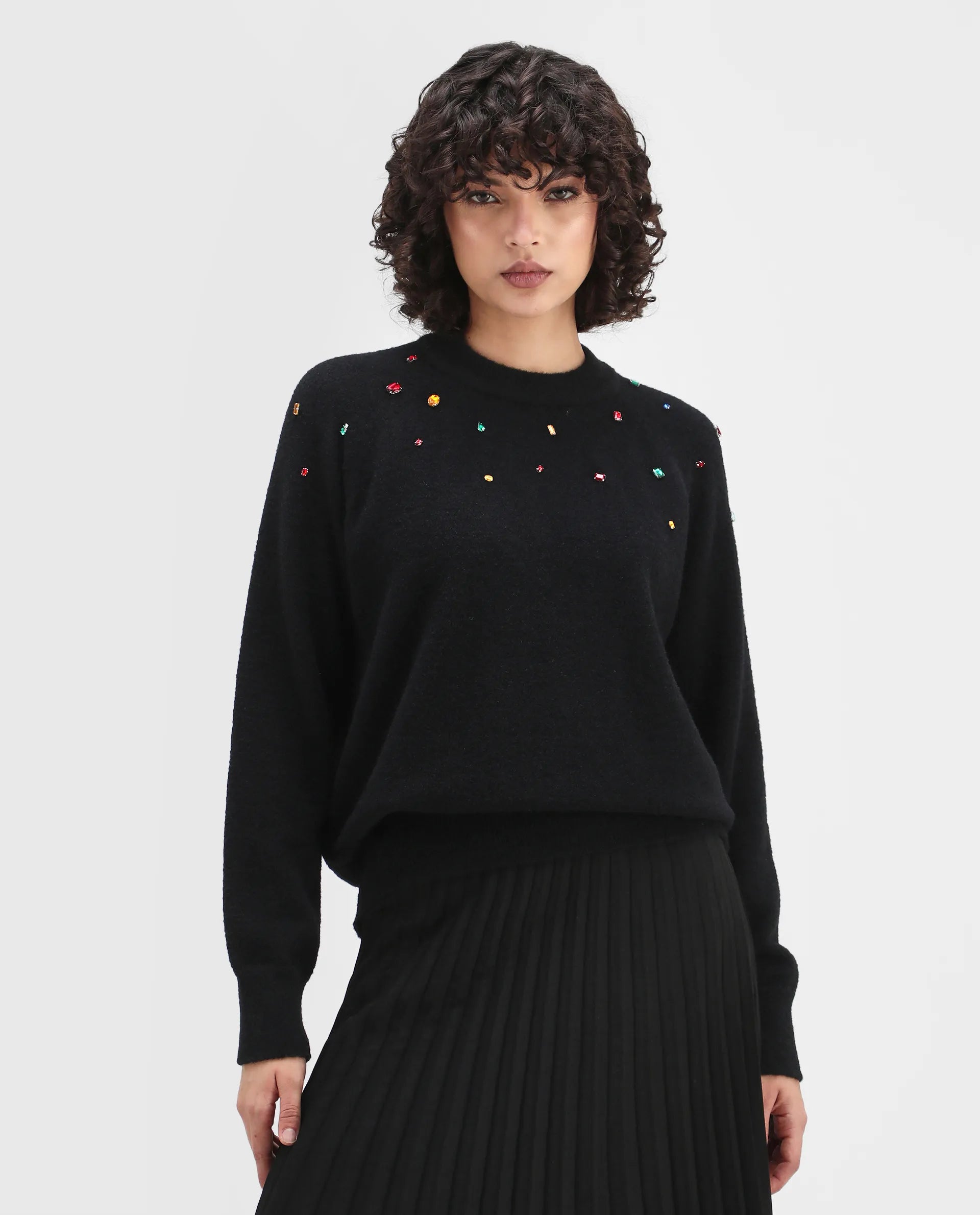 Rareism Women's Garnet Black Nylon Crew Neck Relaxed Fit Sweater