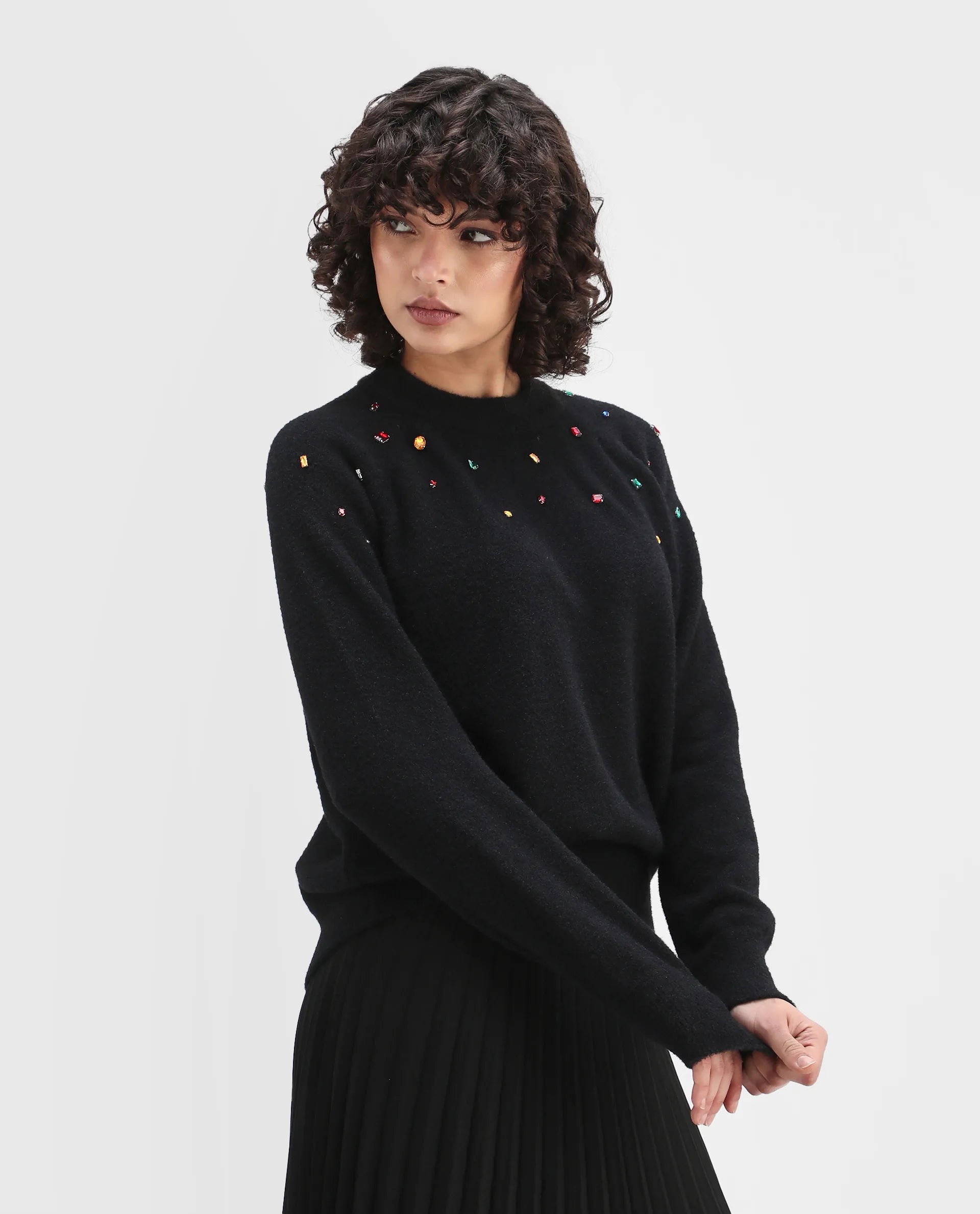 Rareism Women's Garnet Black Nylon Crew Neck Relaxed Fit Sweater