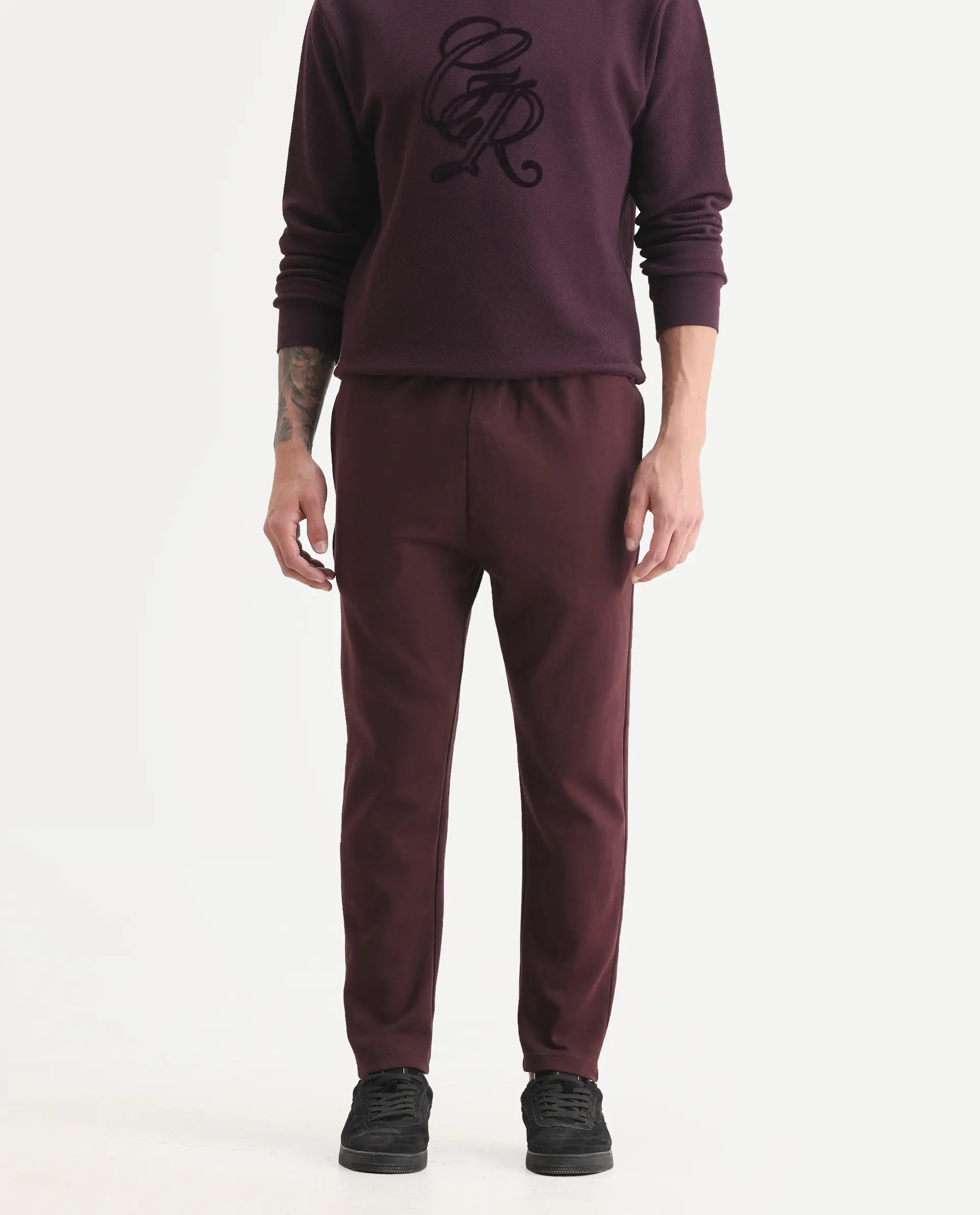 Rare Rabbit Men's Garon-B Dark Maroon Cotton Blend Fabric Regular Fit Plain Track Pant