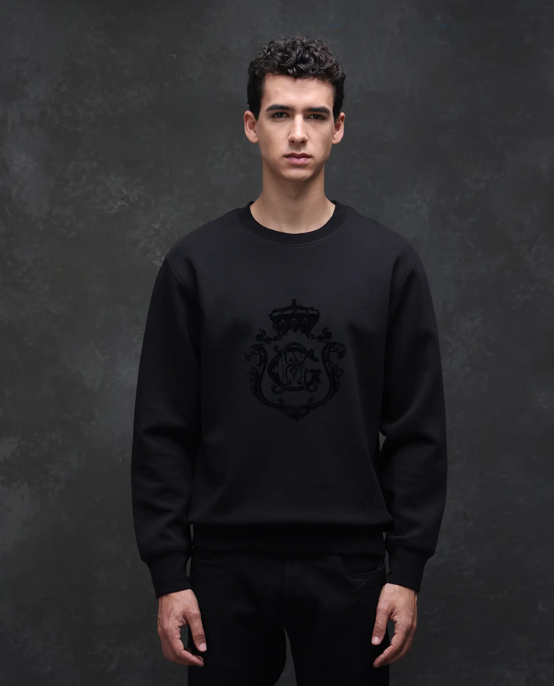 Rare Rabbit Men's Garon Black Cotton Blend Graphic Print Relaxed Fit Full Sleeve Crew Neck Sweatshirt