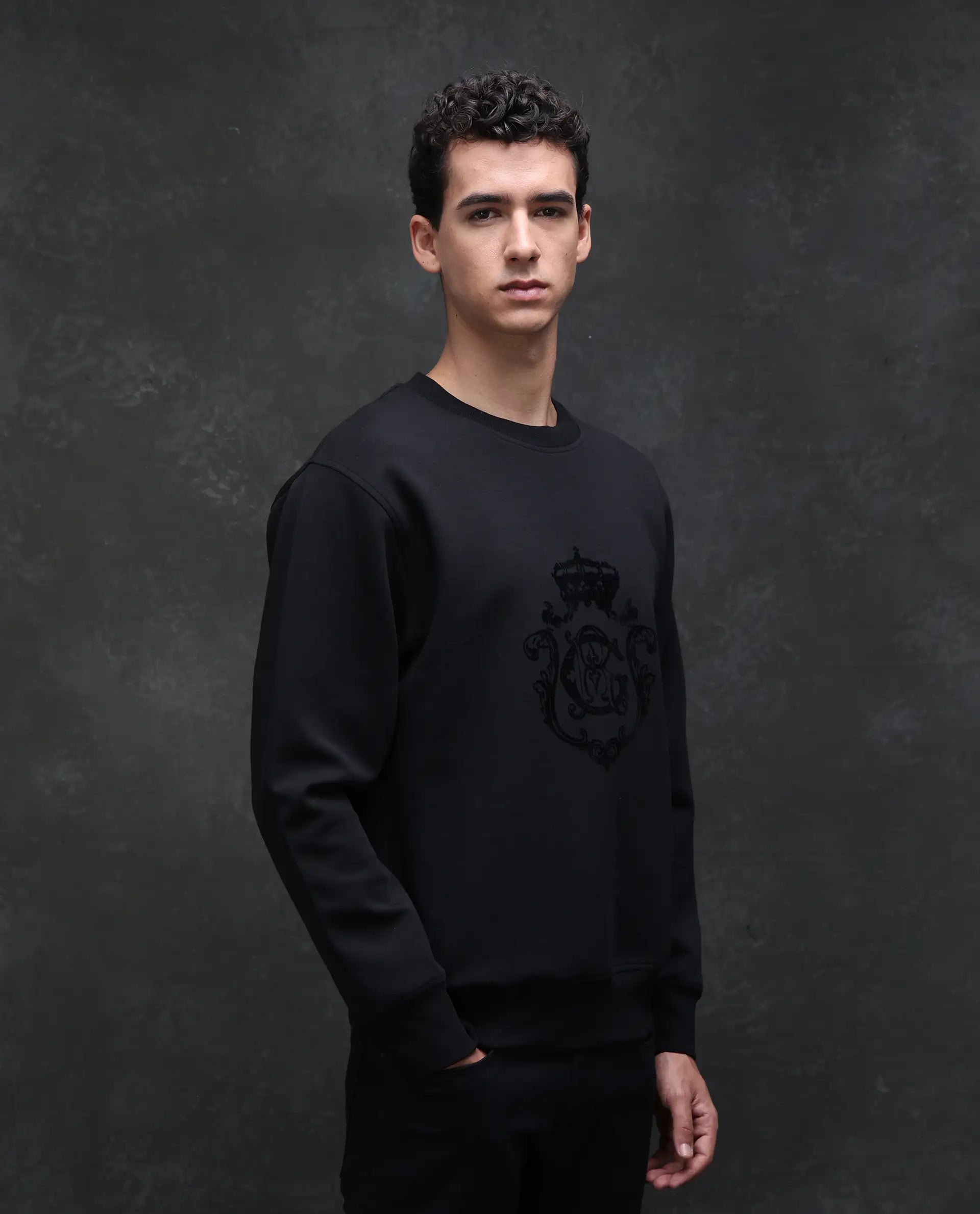 Rare Rabbit Men's Garon Black Cotton Blend Graphic Print Relaxed Fit Full Sleeve Crew Neck Sweatshirt