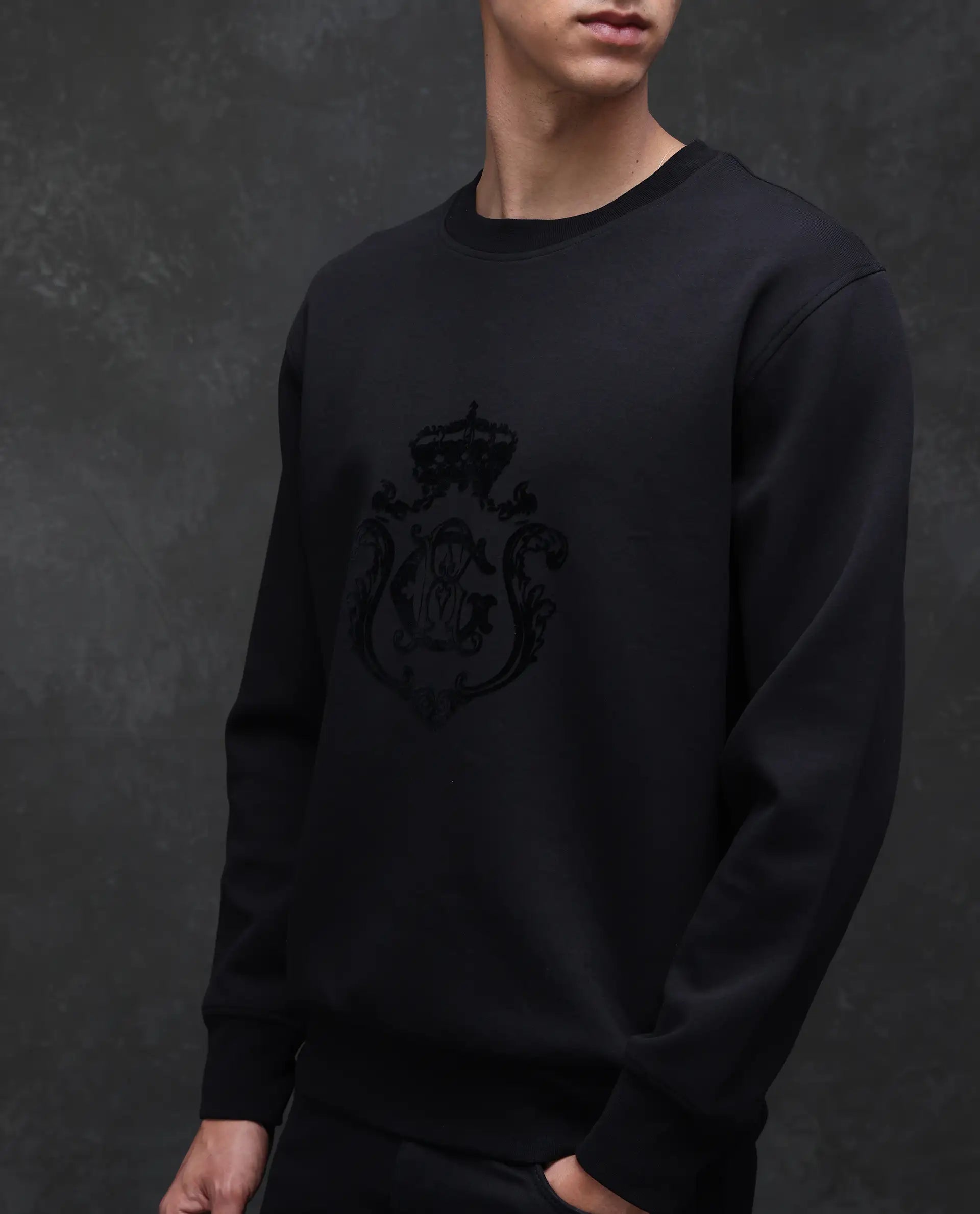 Rare Rabbit Men's Garon Black Cotton Blend Graphic Print Relaxed Fit Full Sleeve Crew Neck Sweatshirt