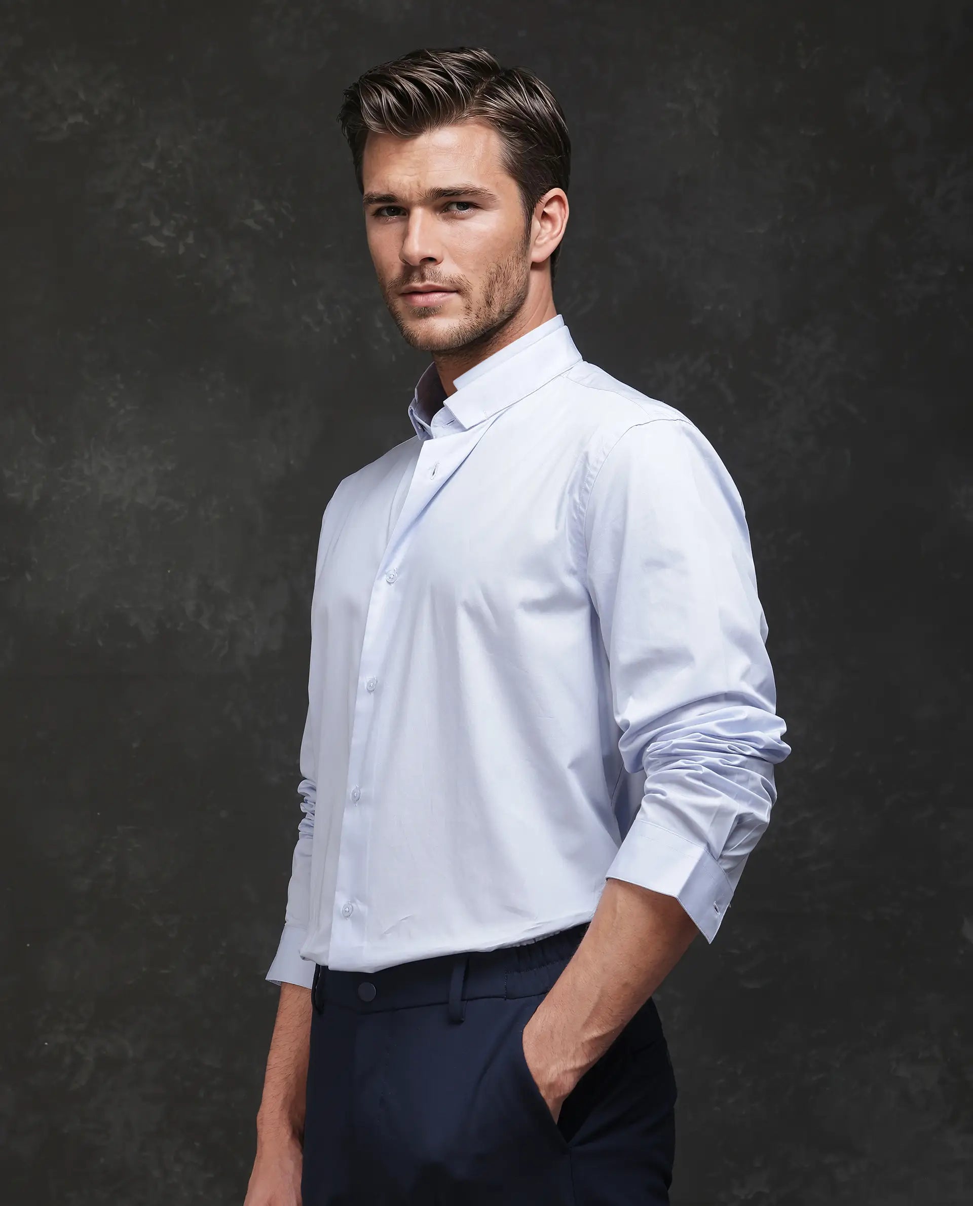 Rare Rabbit Men Garry Light Blue Cotton Fabric Full Sleeves Mandarin Collar Relaxed Fit Plain Shirt