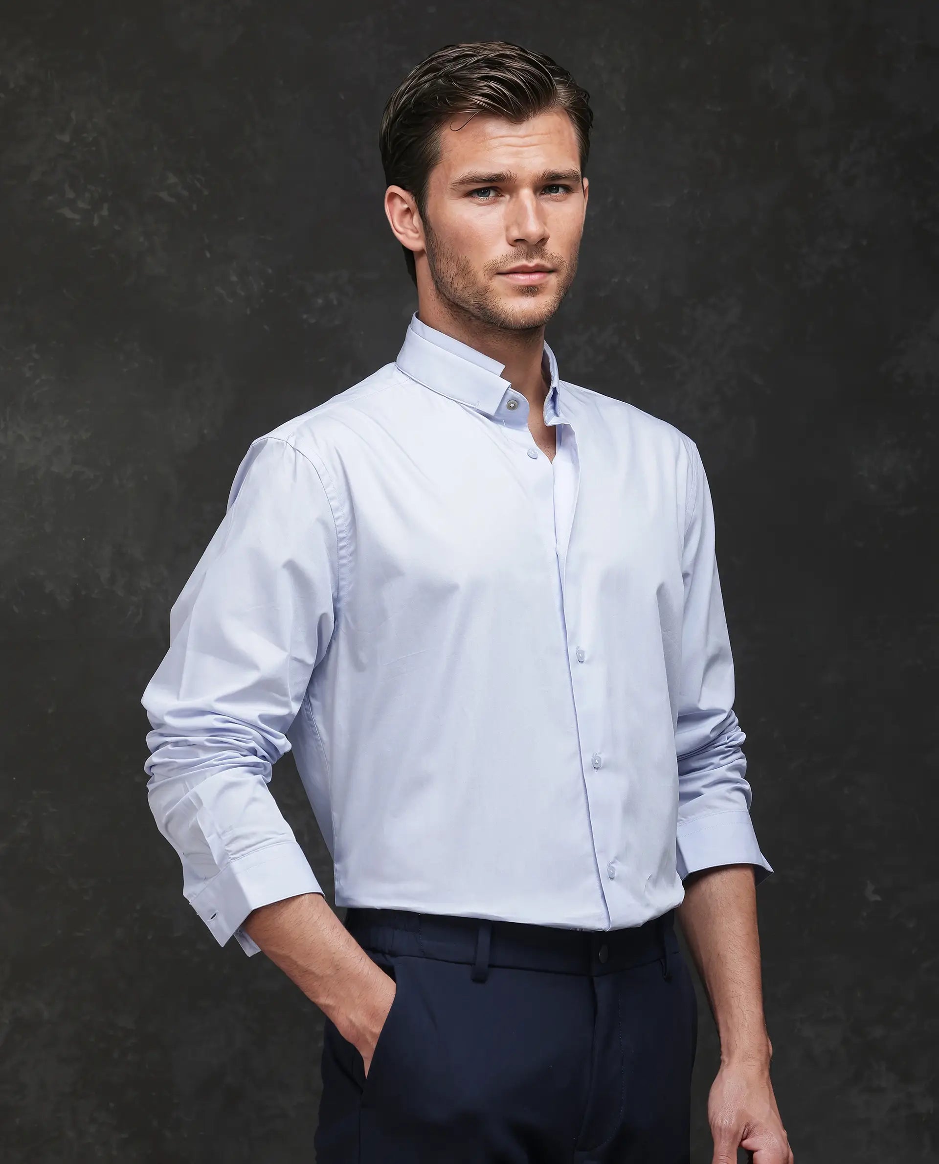 Rare Rabbit Men Garry Light Blue Cotton Fabric Full Sleeves Mandarin Collar Relaxed Fit Plain Shirt