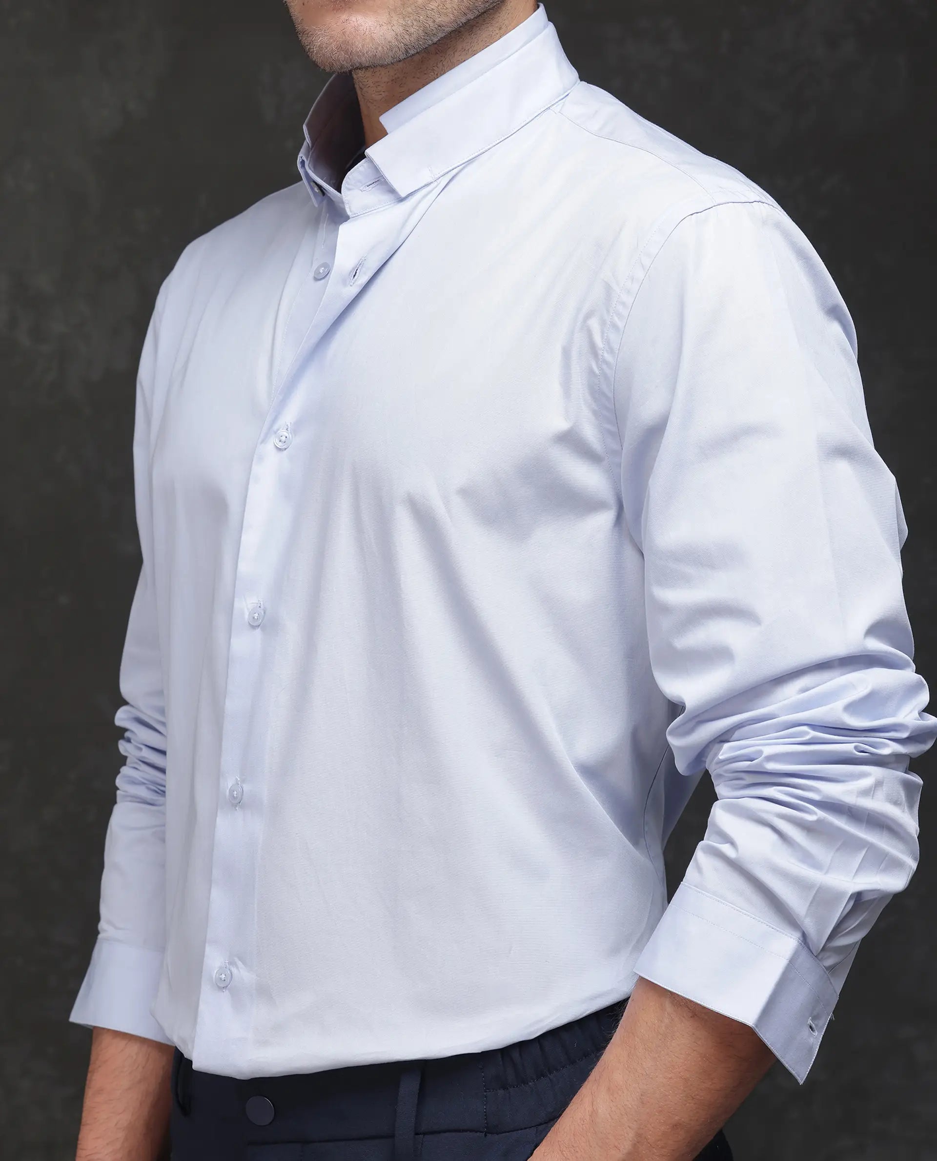 Rare Rabbit Men Garry Light Blue Cotton Fabric Full Sleeves Mandarin Collar Relaxed Fit Plain Shirt