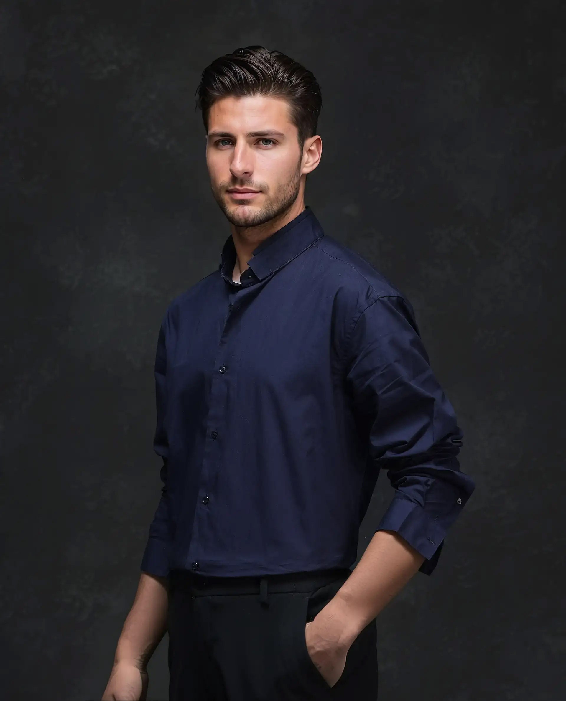 Rare Rabbit Men's Garry Navy Cotton Plain Relaxed Fit Full Sleeve Mandarin Collar Shirt