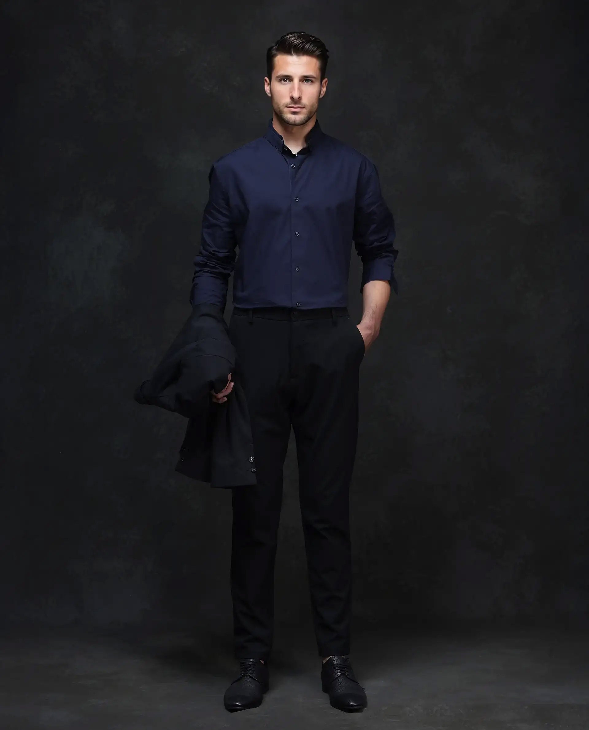 Rare Rabbit Men's Garry Navy Cotton Plain Relaxed Fit Full Sleeve Mandarin Collar Shirt