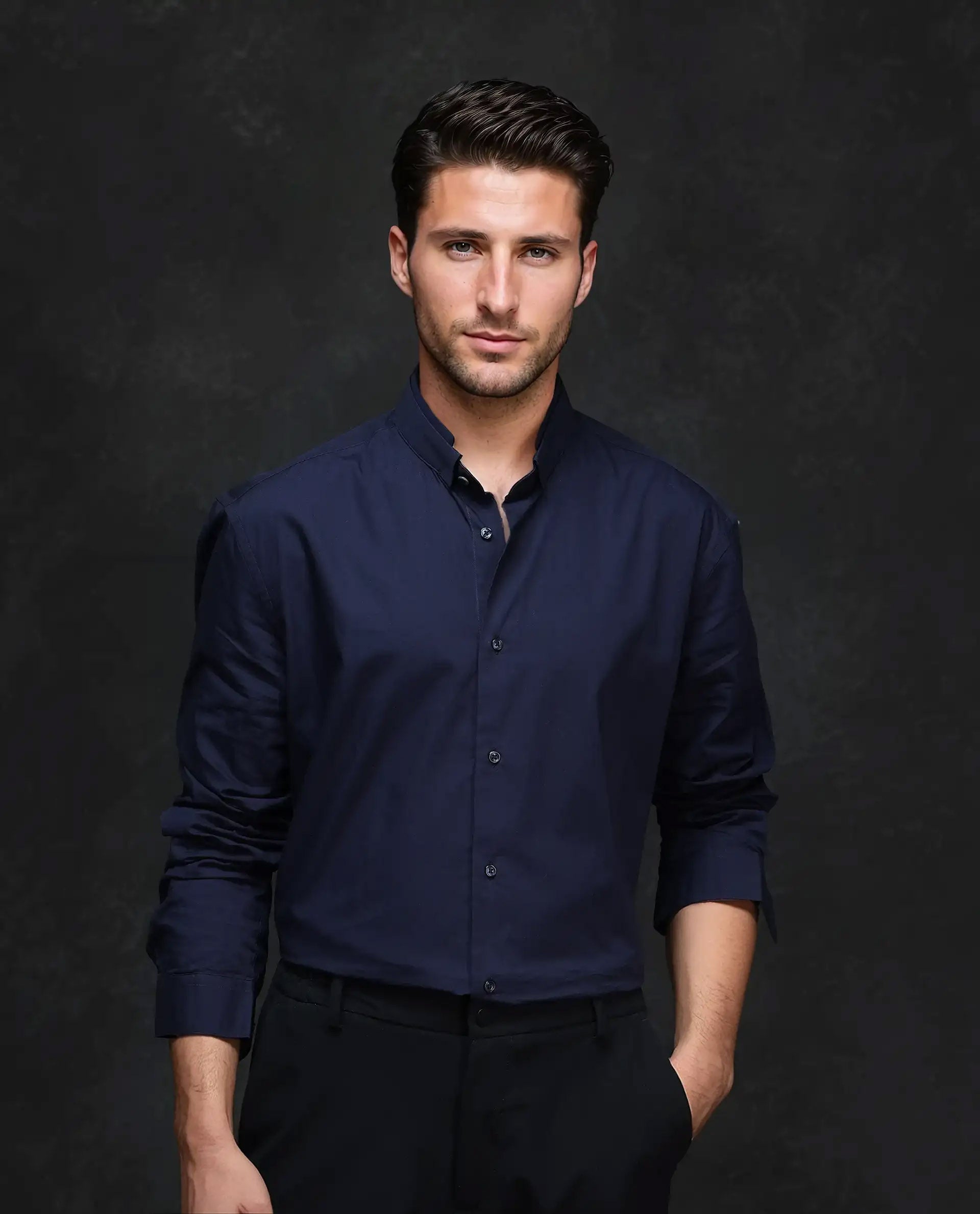 Rare Rabbit Men's Garry Navy Cotton Plain Relaxed Fit Full Sleeve Mandarin Collar Shirt