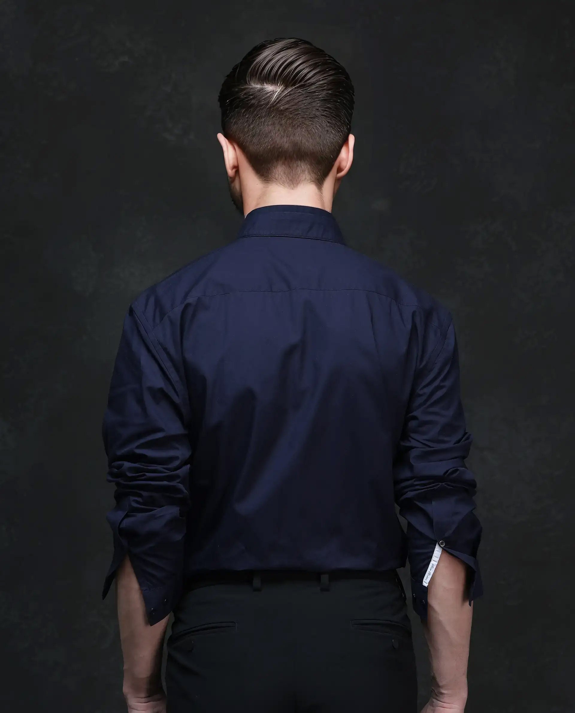 Rare Rabbit Men's Garry Navy Cotton Plain Relaxed Fit Full Sleeve Mandarin Collar Shirt