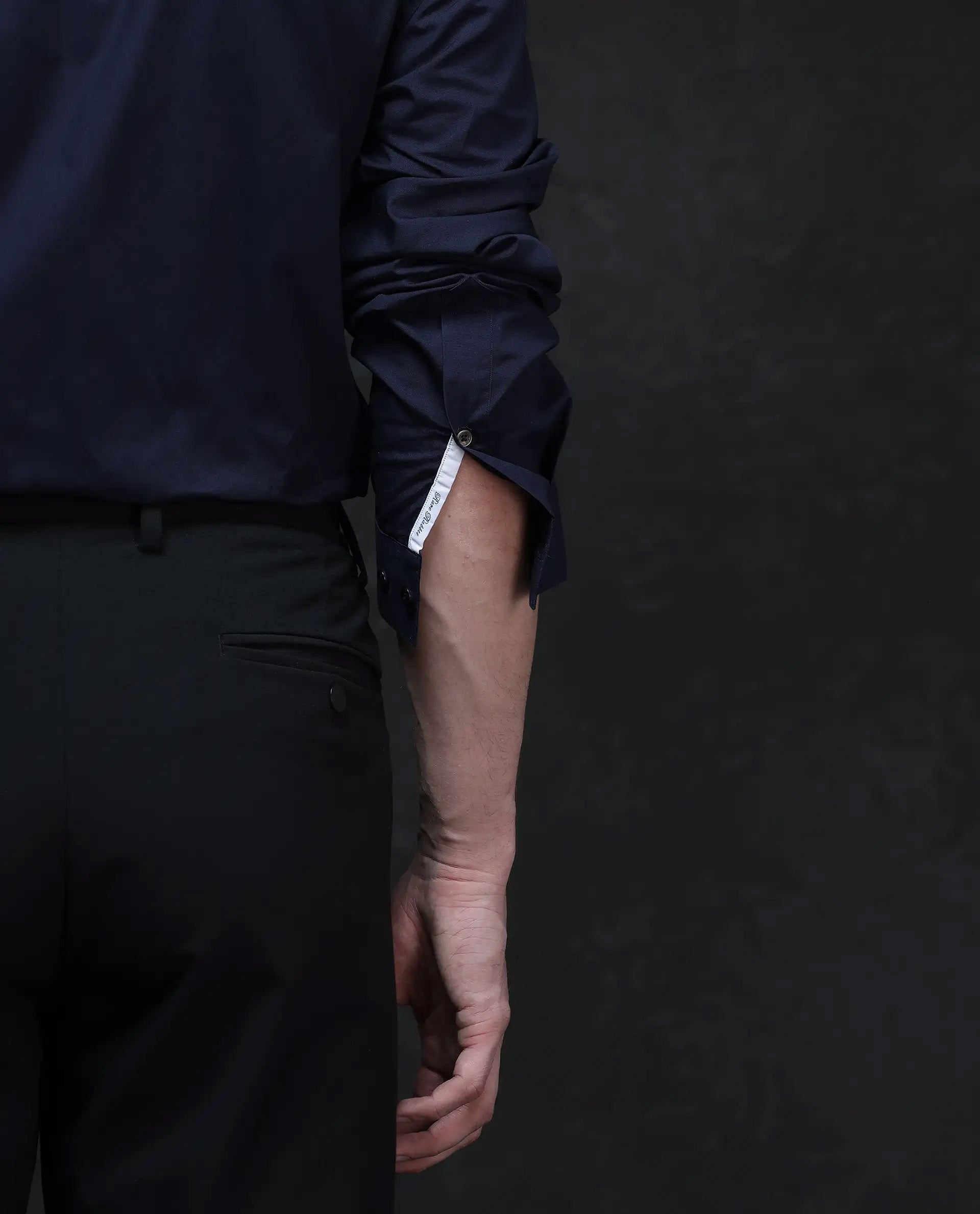 Rare Rabbit Men's Garry Navy Cotton Plain Relaxed Fit Full Sleeve Mandarin Collar Shirt