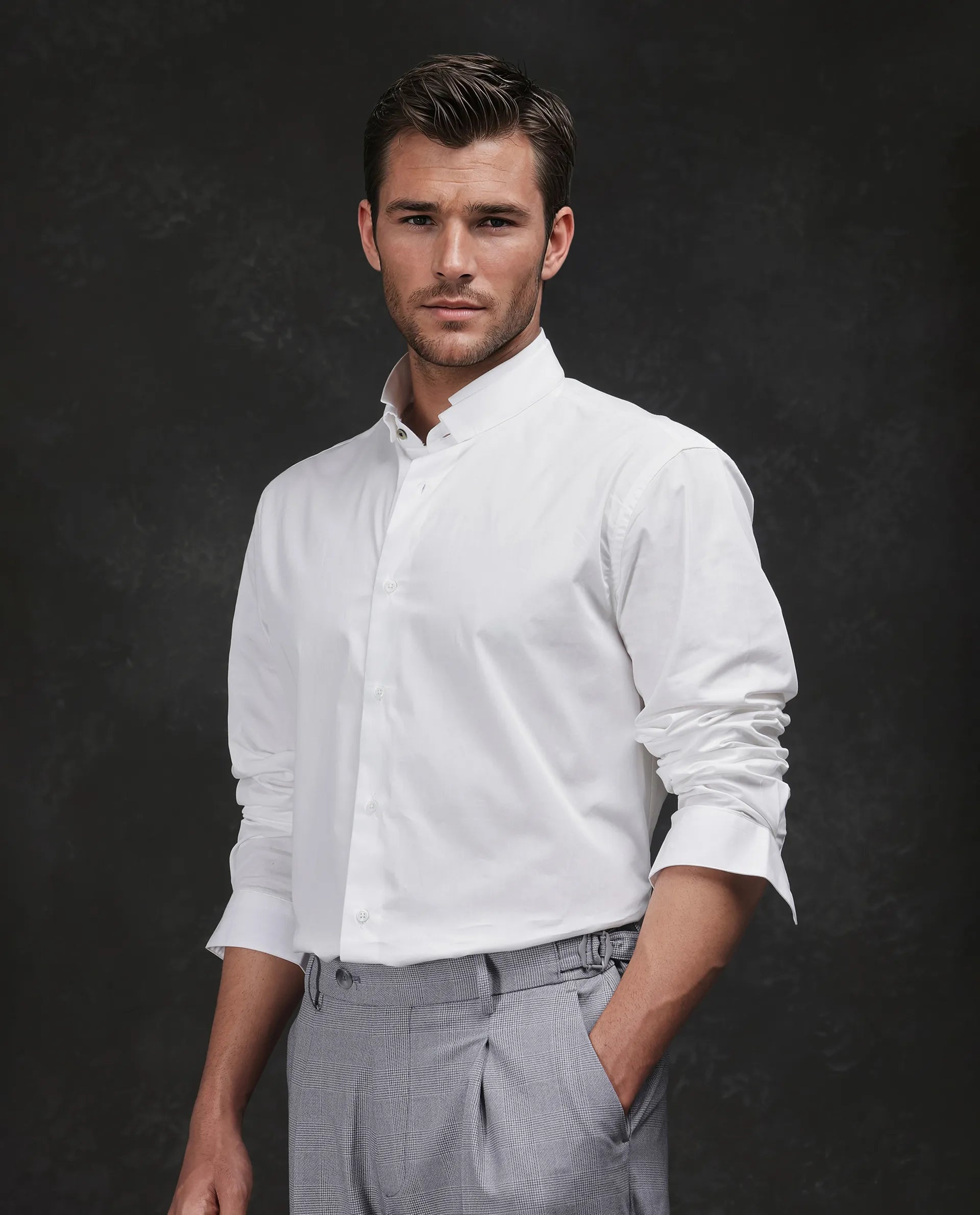 Rare Rabbit Men Garry White Cotton Fabric Full Sleeves Mandarin Collar Relaxed Fit Plain Shirt