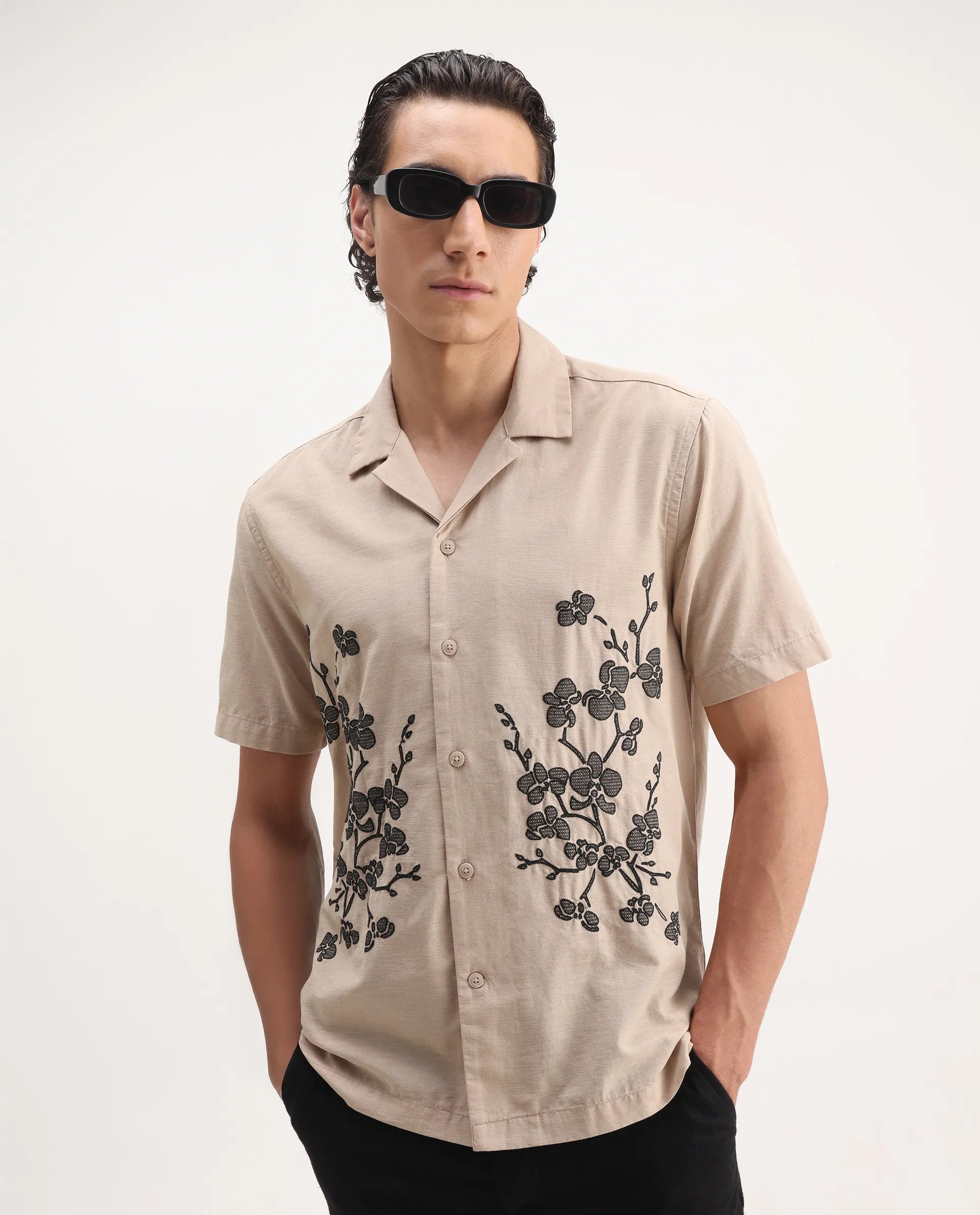 Rare Rabbit Men's Gary Beige Linen Blend Embroidered Boxy Fit Half Sleeve Cuban Collar Shirt