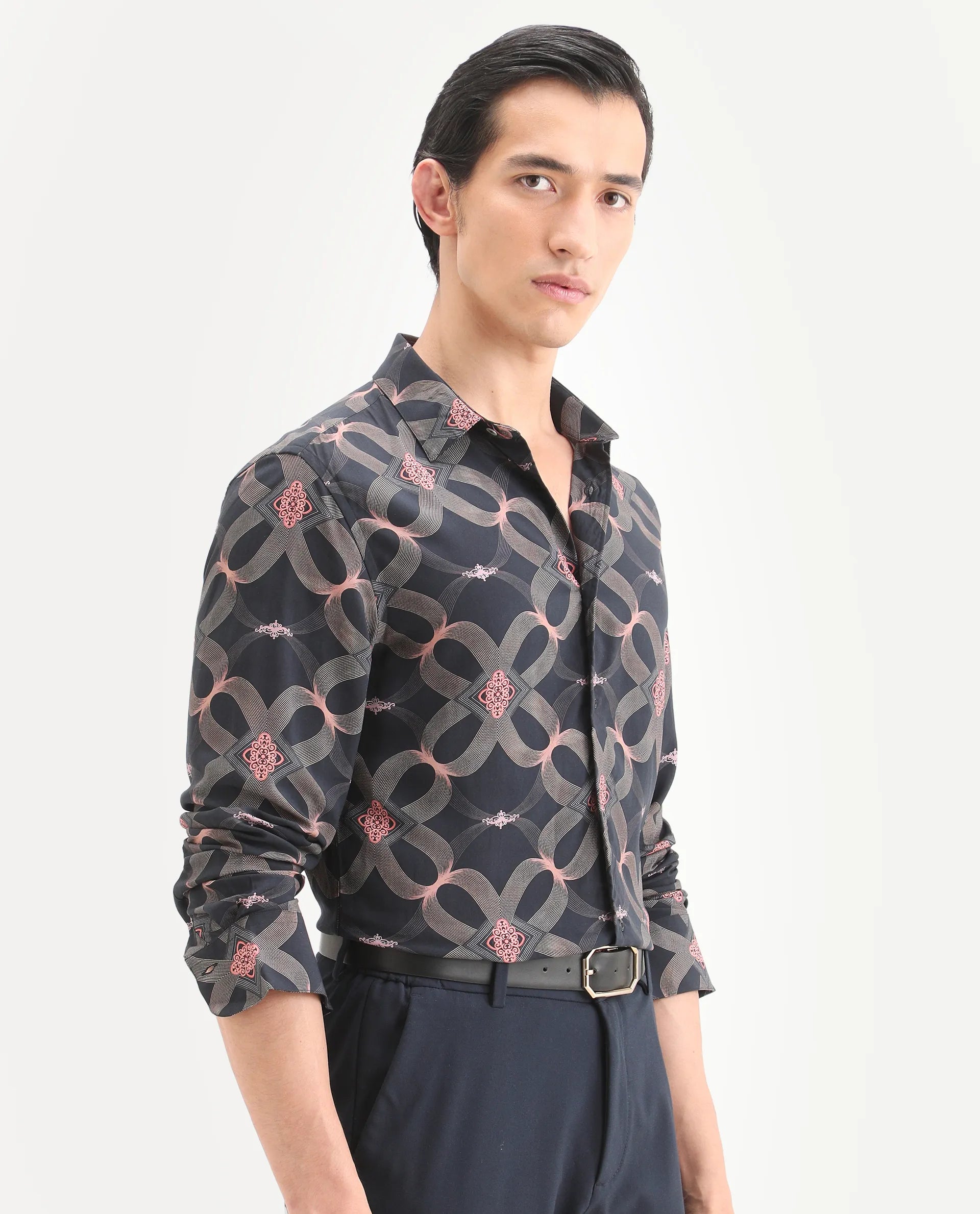 Rare Rabbit Men's Gash Black Viscose Fabric Full Sleeve Spread Collar Regular Fit Geometric Print Shirt