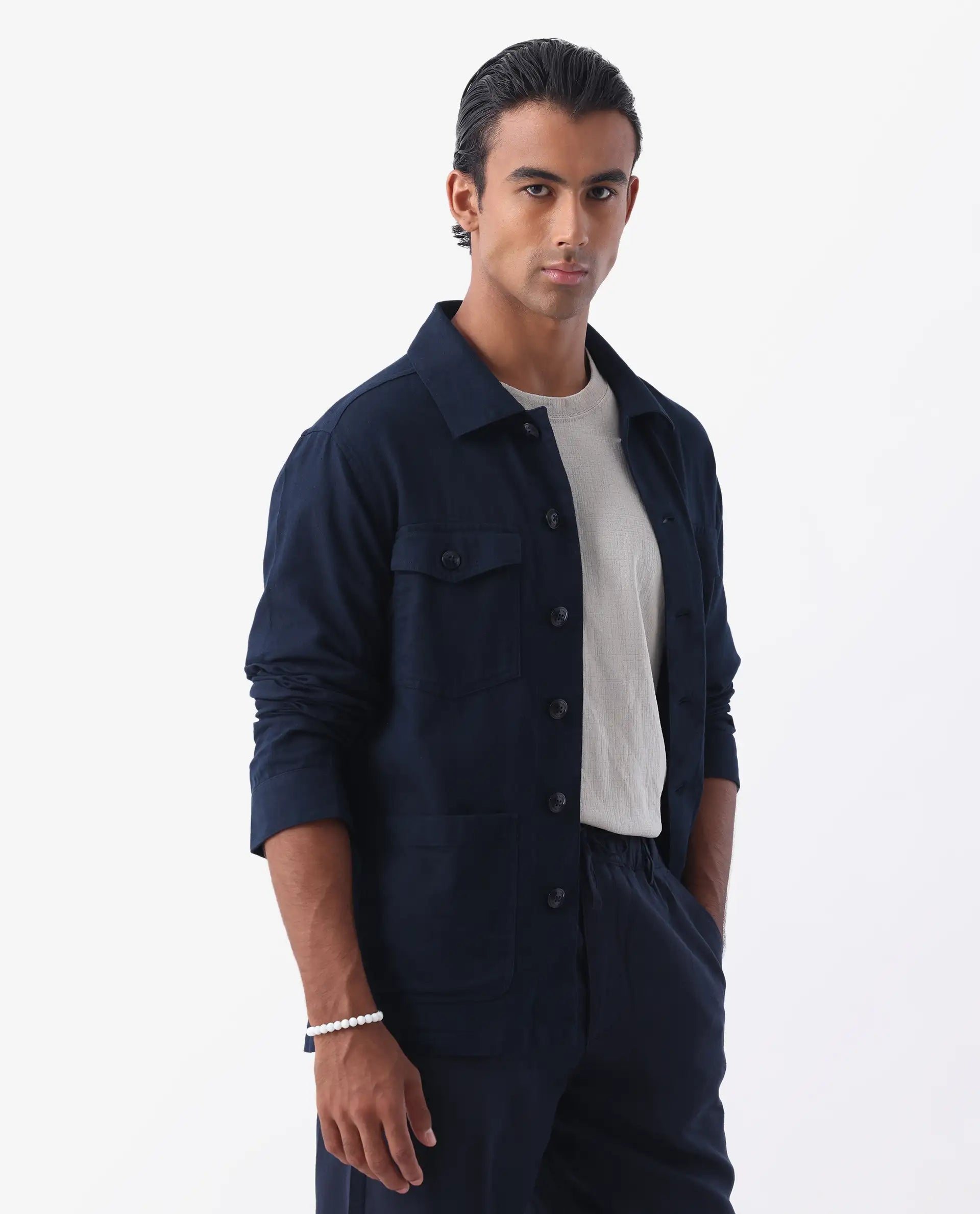 Rare Rabbit Men's Gatter Navy Linen Blend Plain Relaxed Fit Full Sleeve Spread Collar Jacket