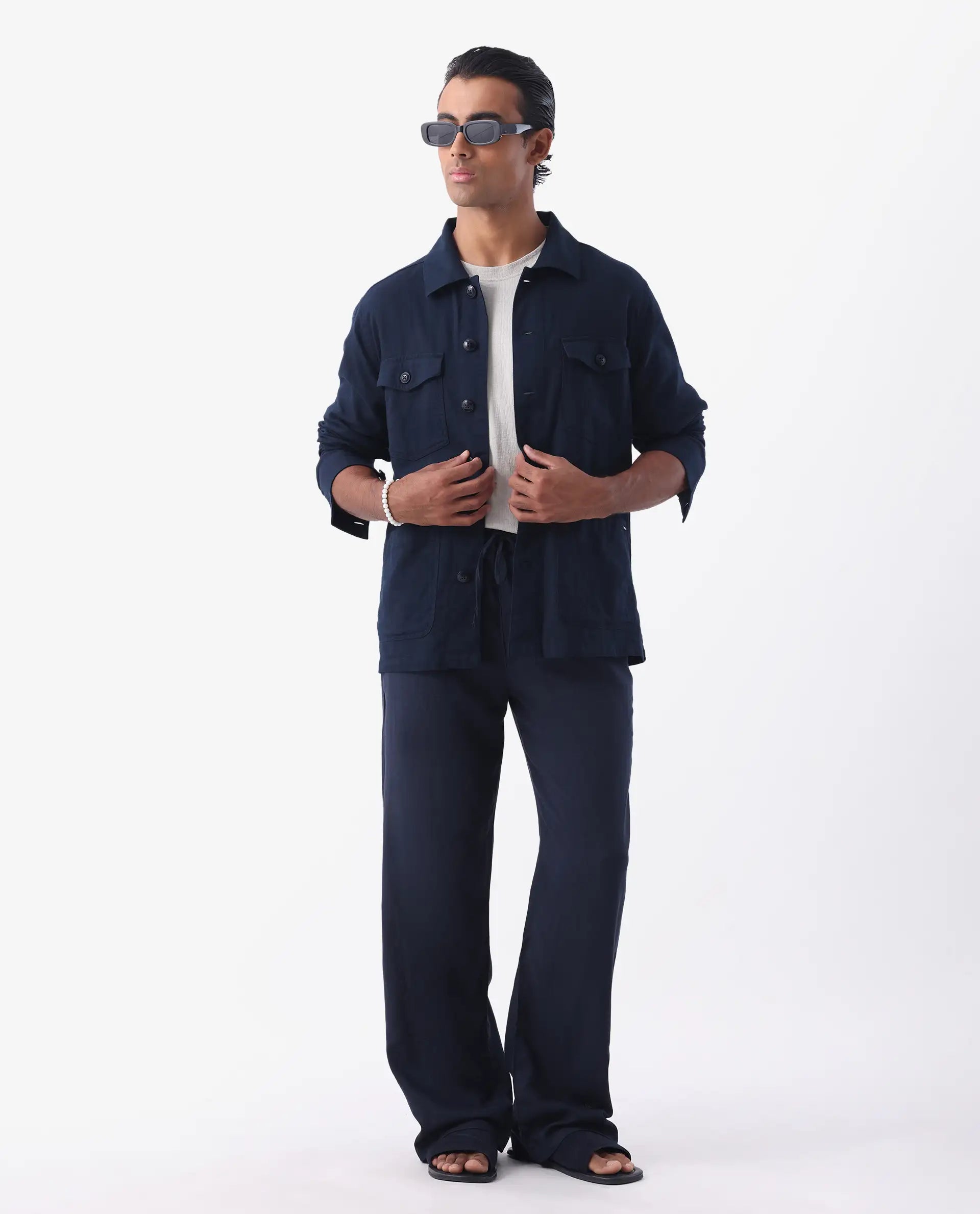 Rare Rabbit Men's Gatter Navy Linen Blend Plain Relaxed Fit Full Sleeve Spread Collar Jacket