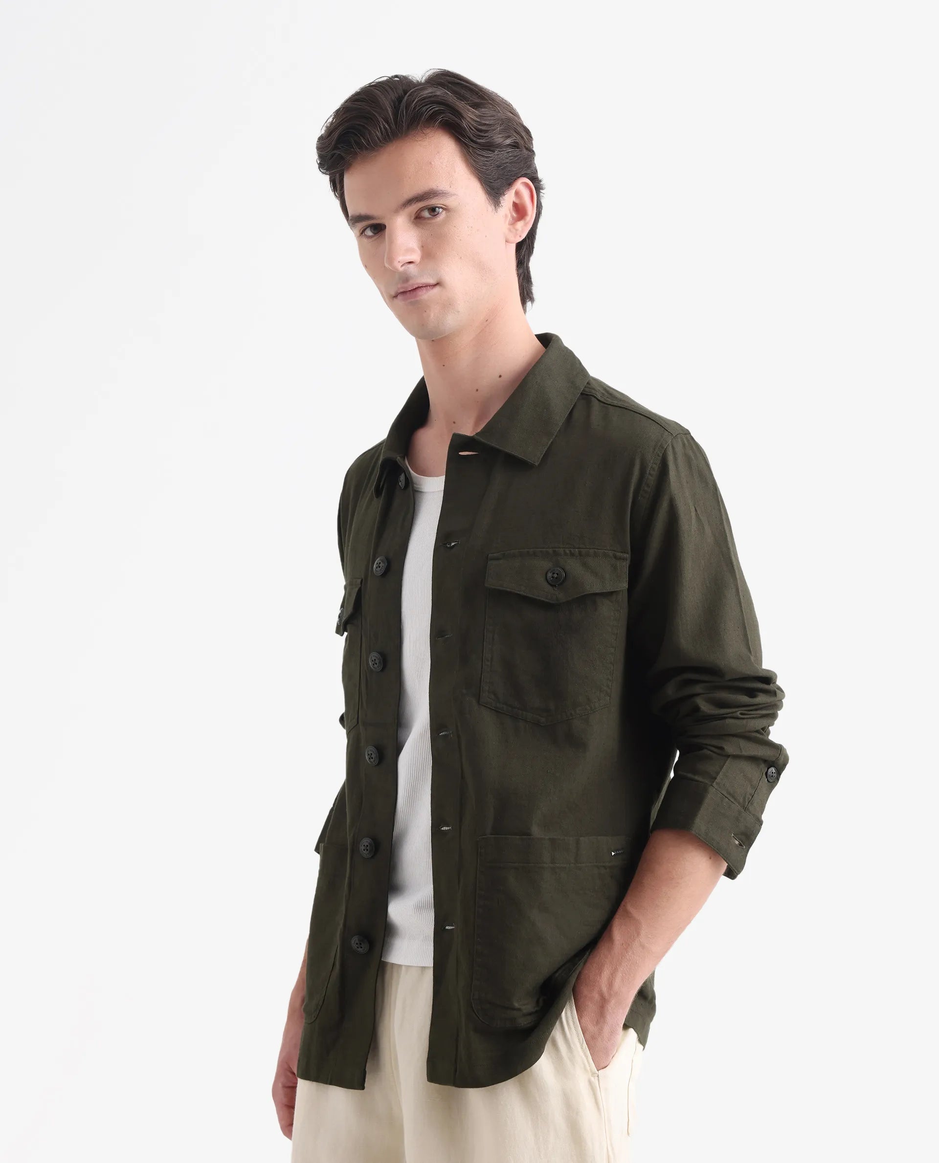 Rare Rabbit Men's Gatter Olive Linen Blend Plain Relaxed Fit Full Sleeve Spread Collar Jacket