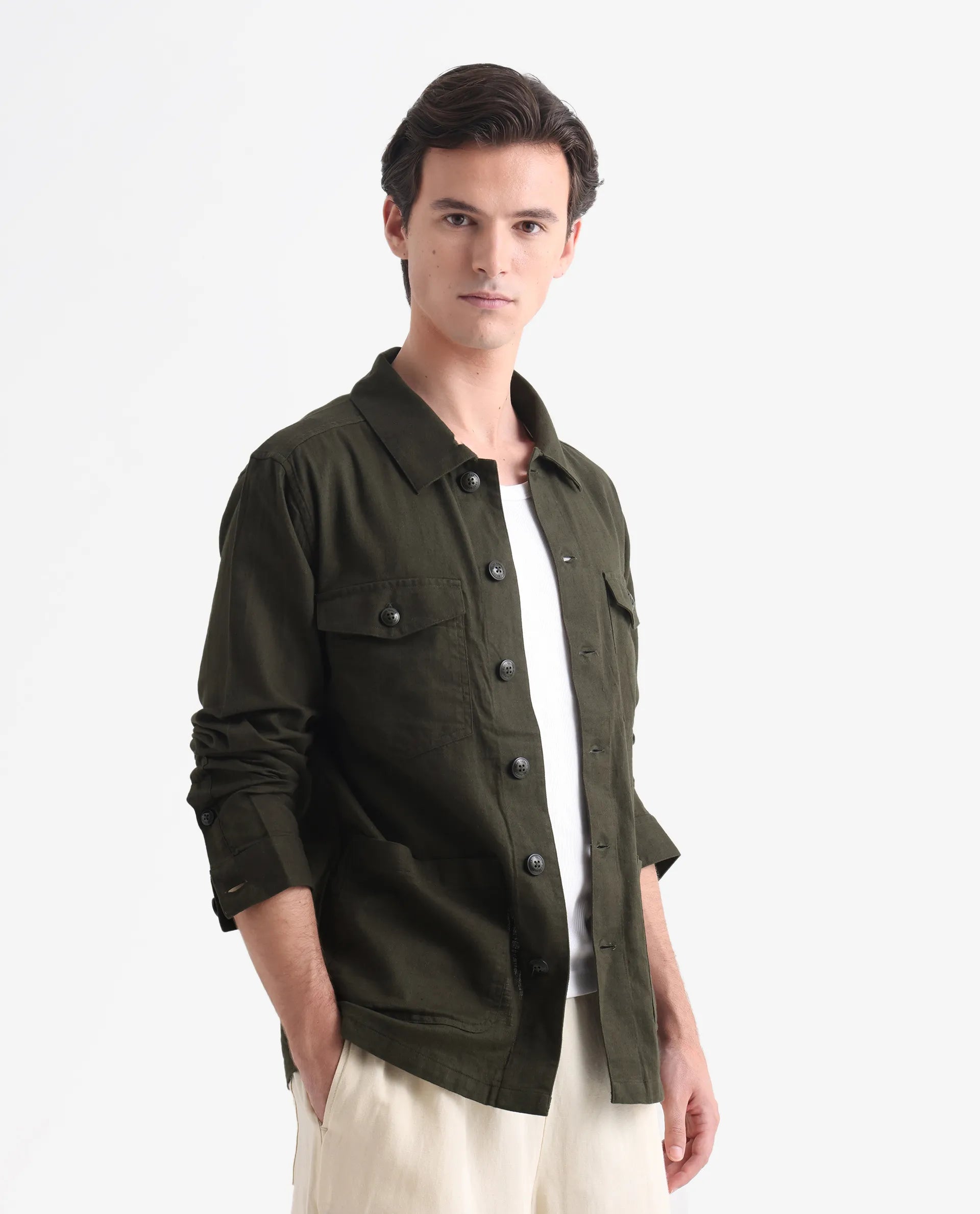 Rare Rabbit Men's Gatter Olive Linen Blend Plain Relaxed Fit Full Sleeve Spread Collar Jacket