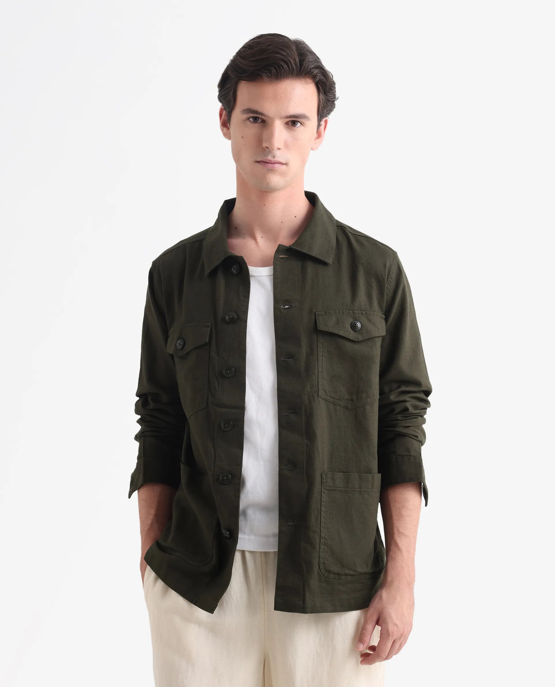 Rare Rabbit Men's Gatter Olive Linen Blend Plain Relaxed Fit Full Sleeve Spread Collar Jacket