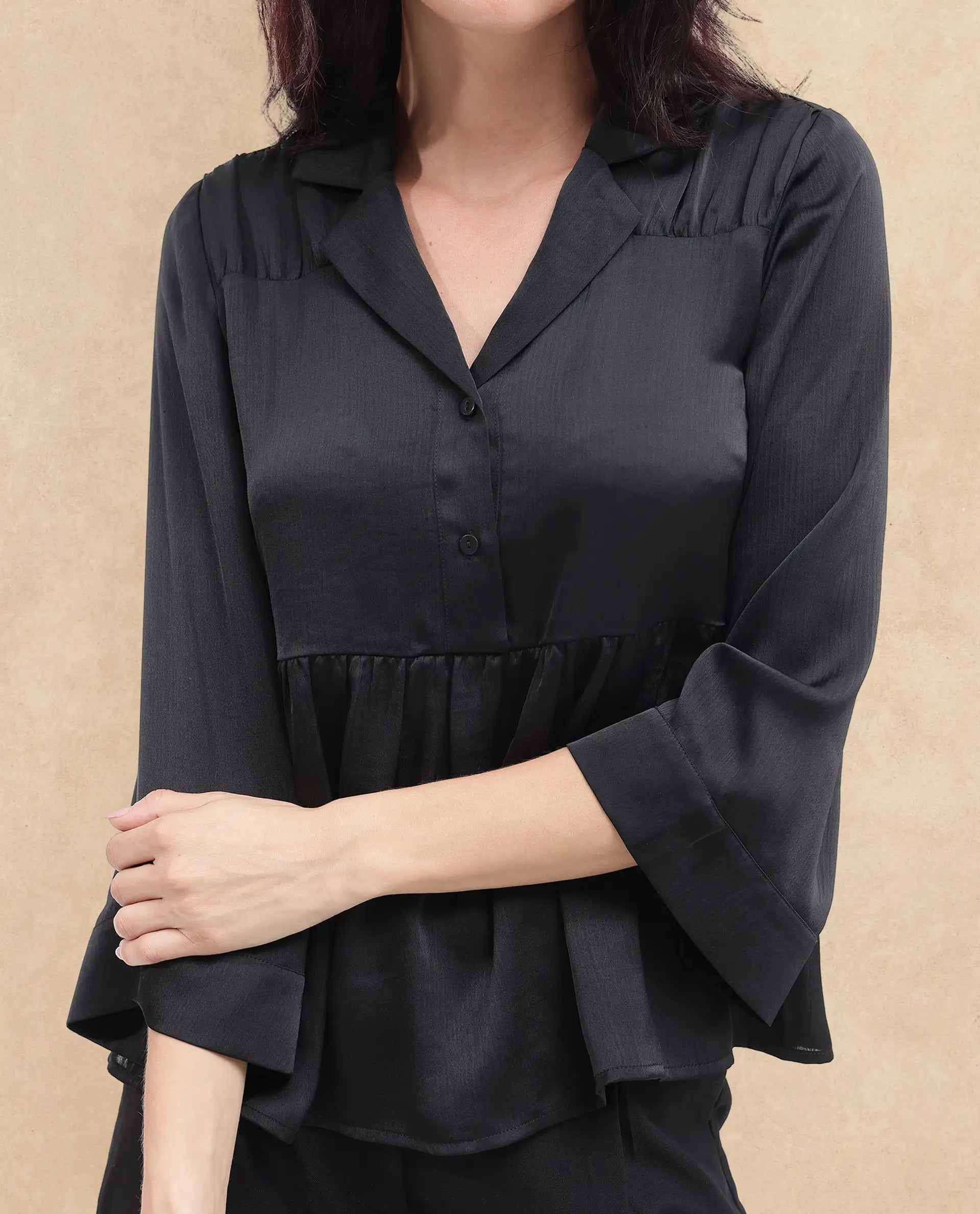 Rareism Women's Gaurerro Black Polyester Lapel Neck Plain Regular Fit Top