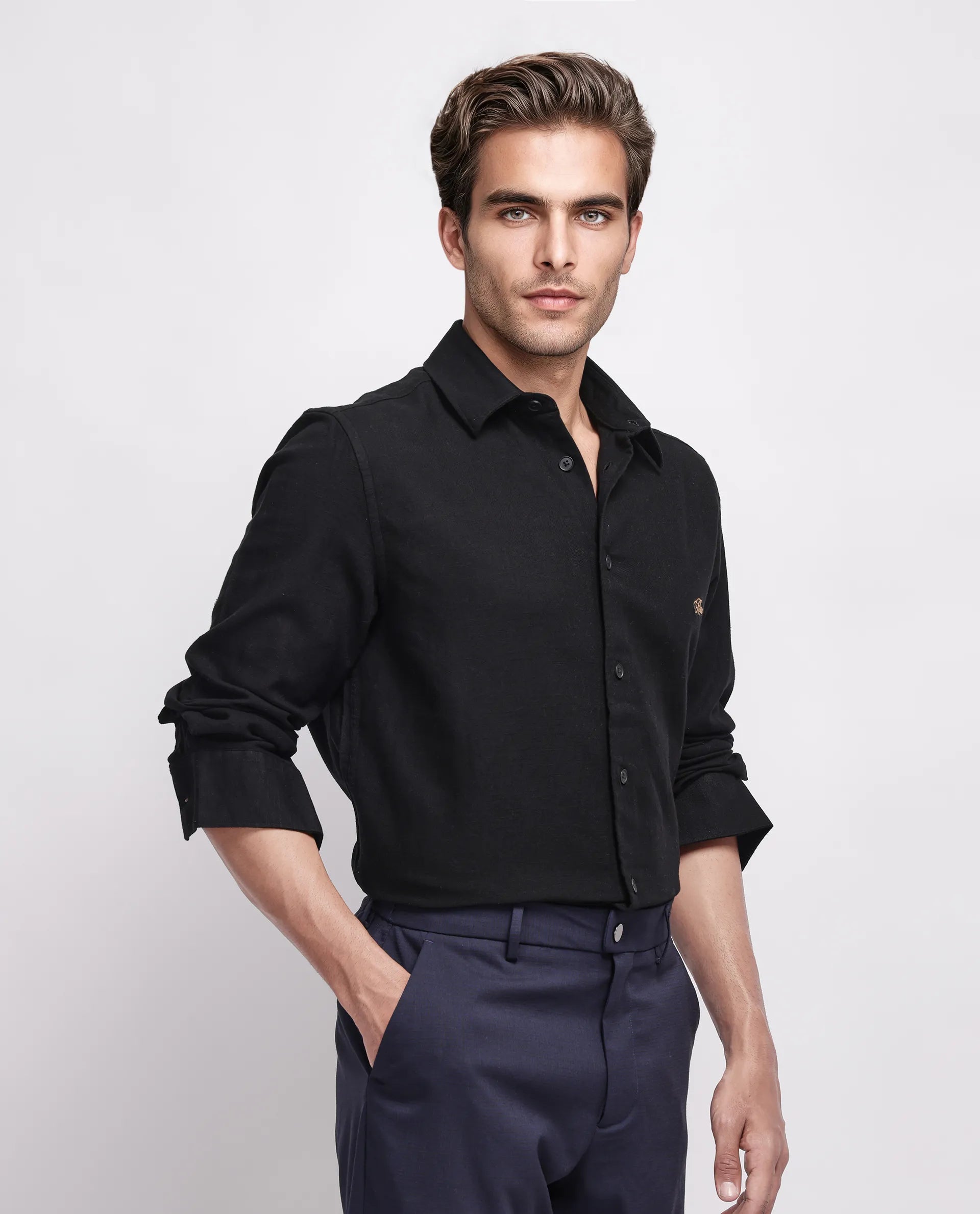 Rare Rabbit Men's Gawa Black Cotton Striped Print Regular Fit Full Sleeve Collared Shirt