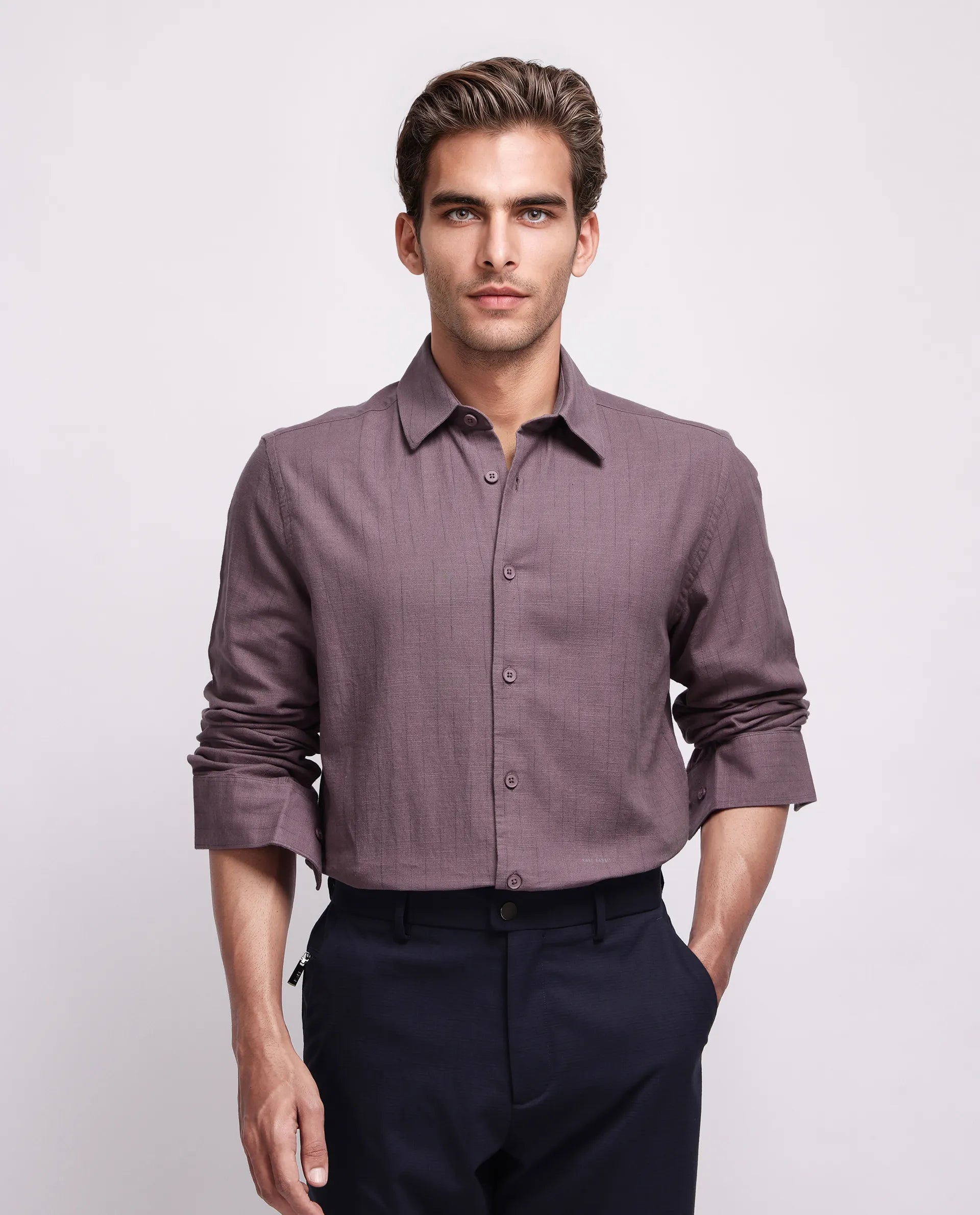 Rare Rabbit Men's Gawa Purple Cotton Striped Print Regular Fit Full Sleeve Collared Shirt