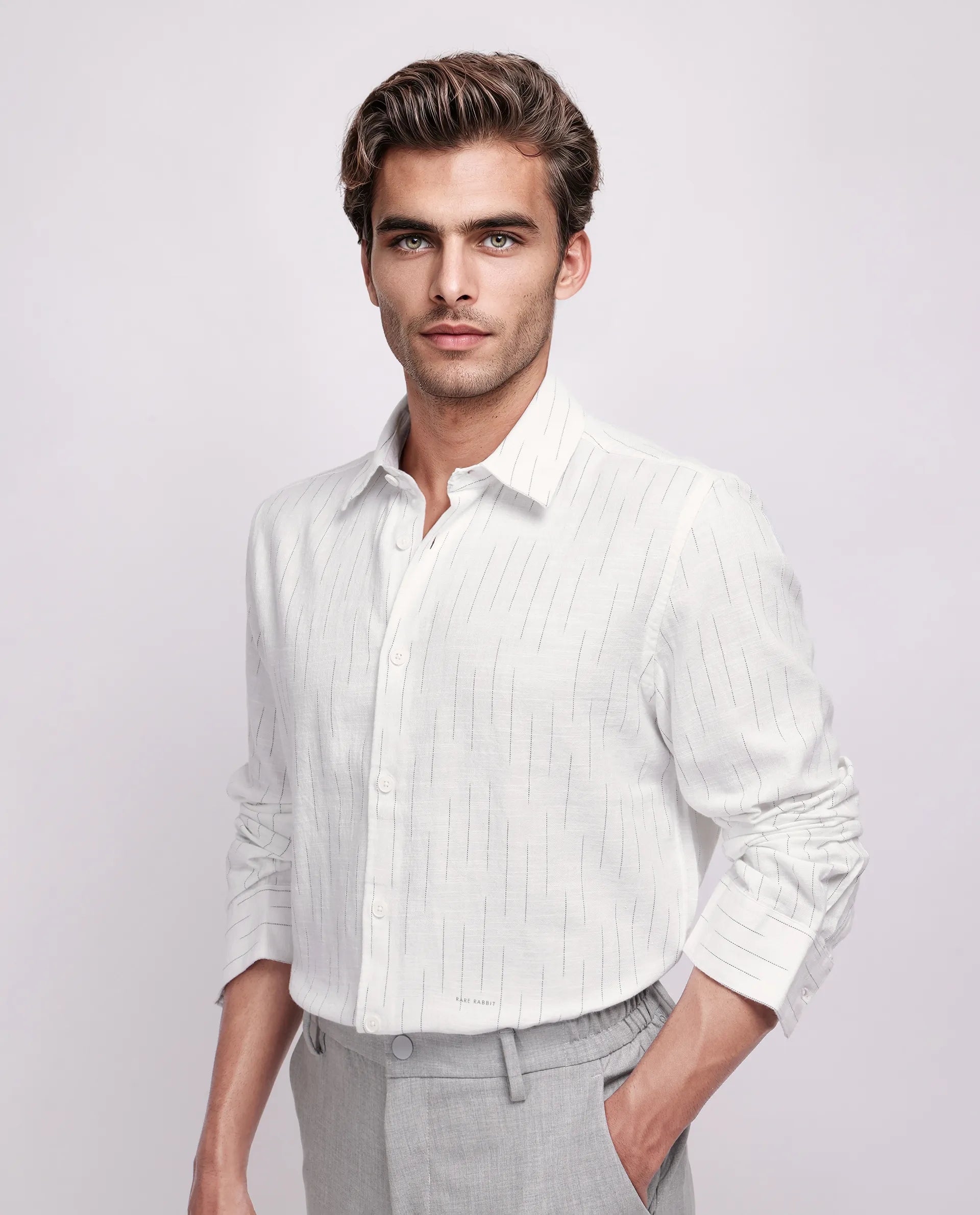 Rare Rabbit Men's Gawa White Cotton Striped Print Regular Fit Full Sleeve Collared Shirt